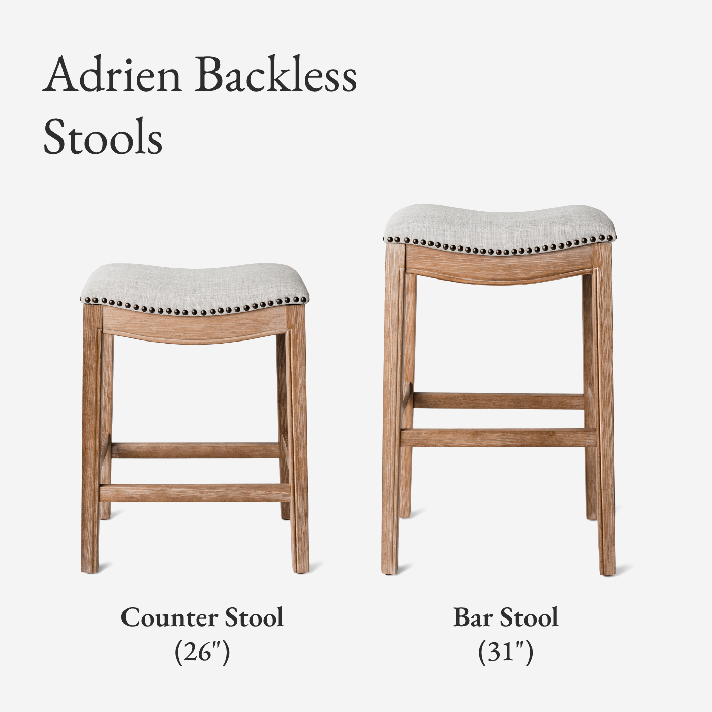 Adrien Saddle Bar Stool In Weathered Oak Finish With Sand Color Fabric Upholstery in Stools by Maven Lane