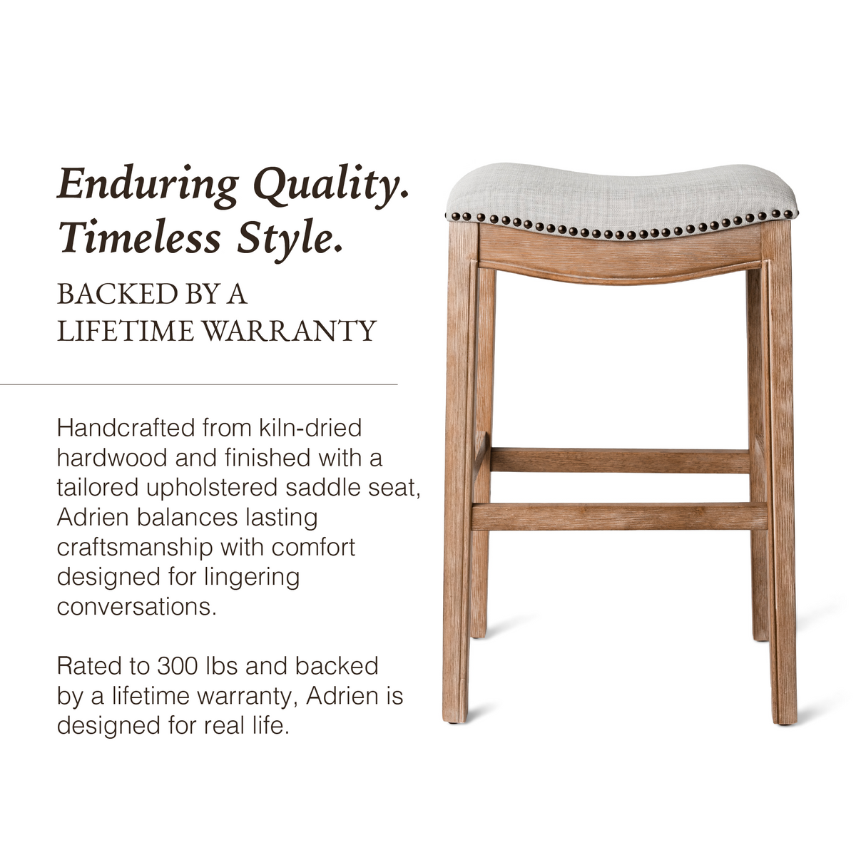 Adrien Saddle Bar Stool in Natural Finish with Light Grey Fabric in Stools by Maven Lane