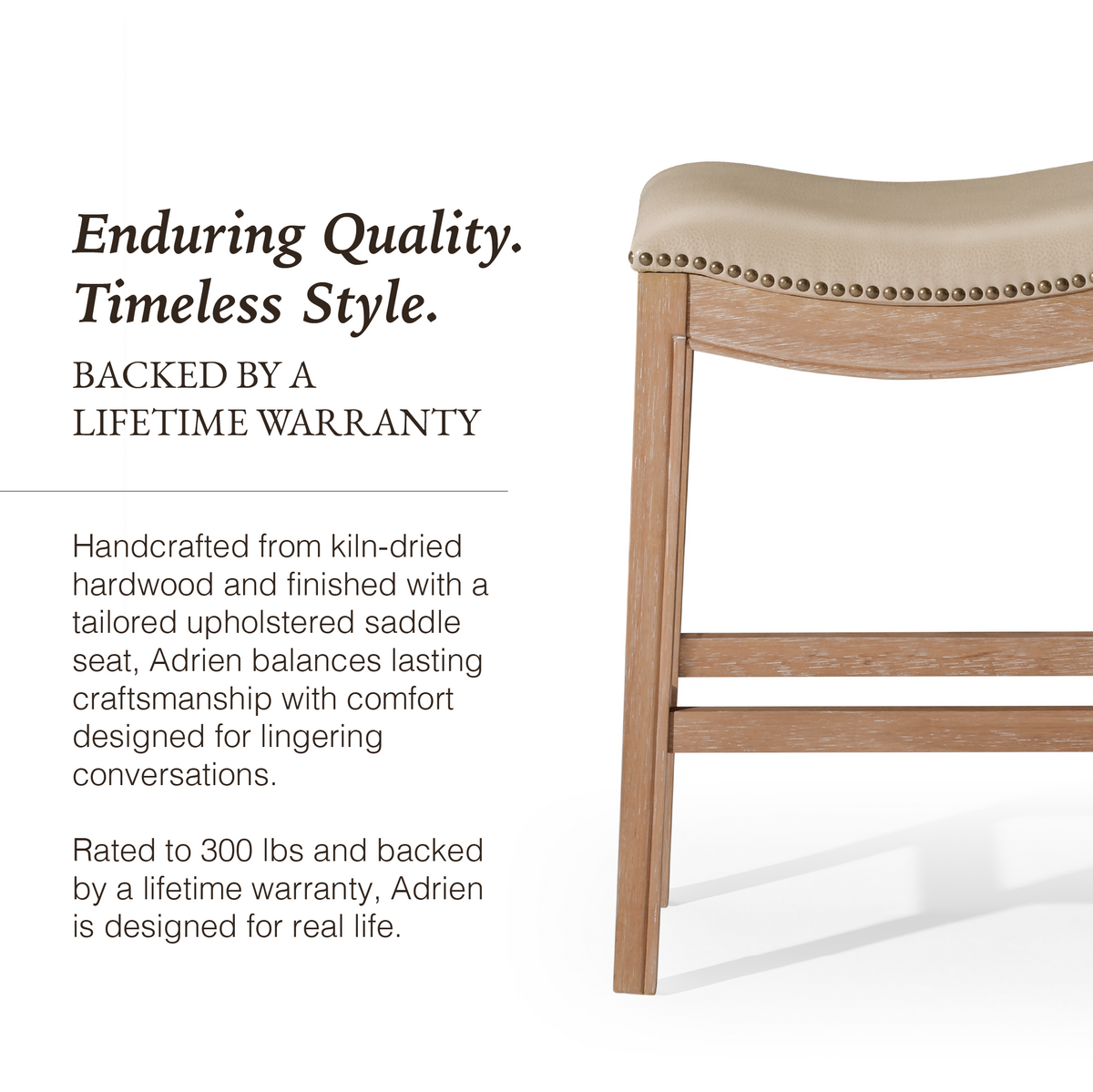 Adrien Saddle Counter Stool in Natural Finish with Beige Faux Leather in Stools by Maven Lane