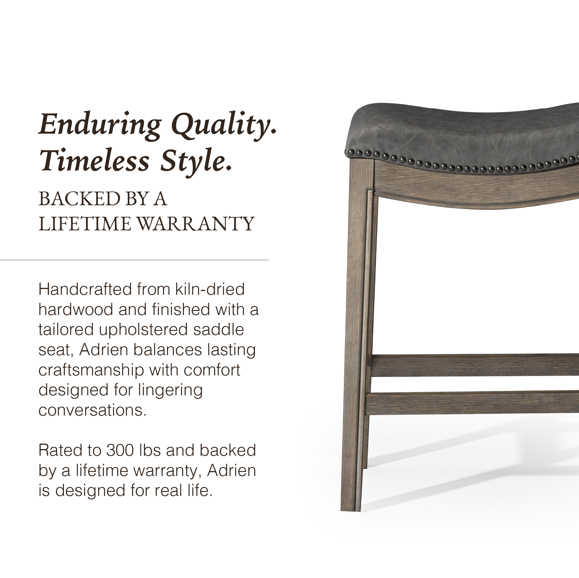 Adrien Saddle Counter Stool in Grey Finish with Grey Faux Leather in Stools by Maven Lane