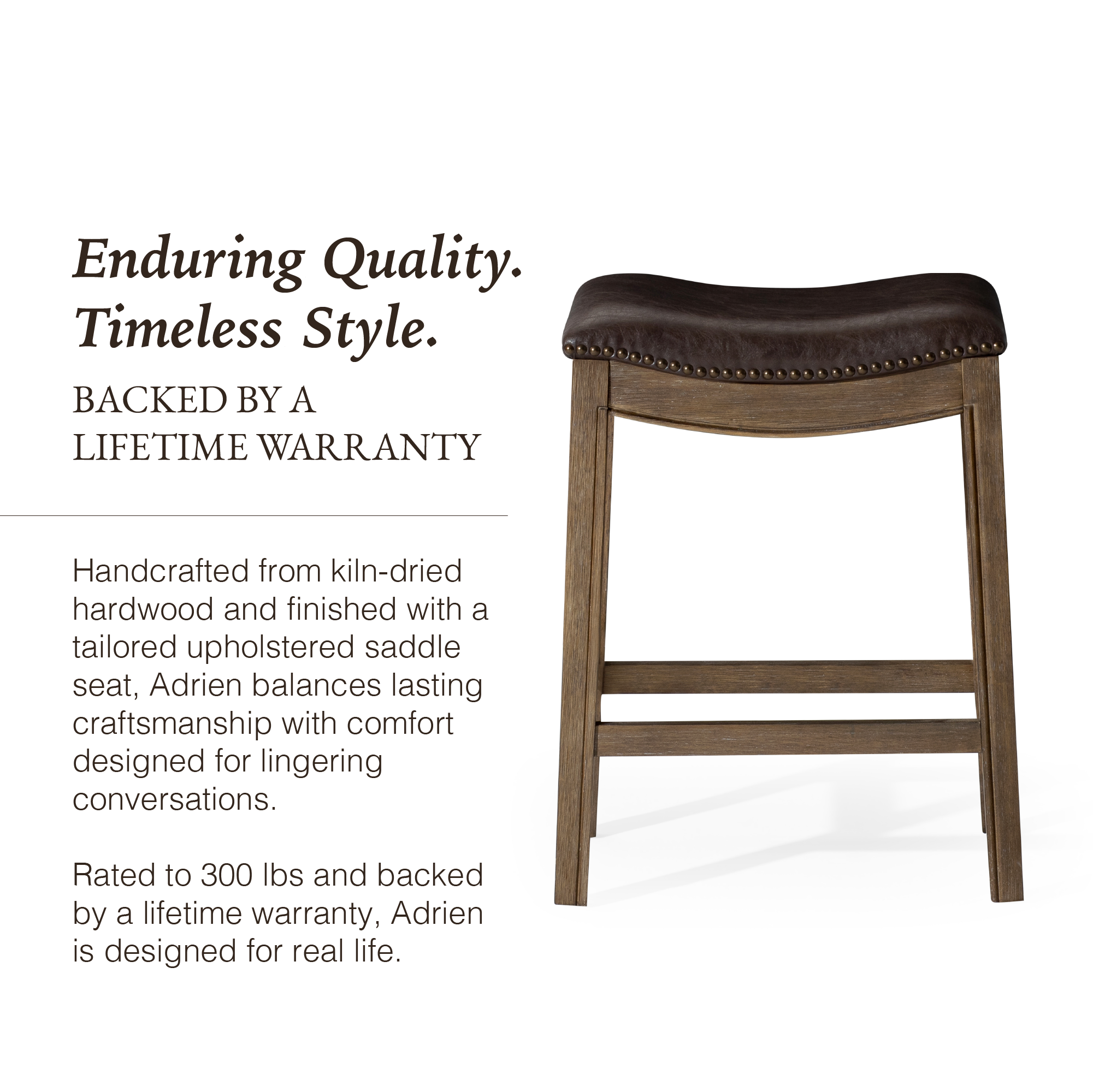 Adrien Saddle Counter Stool in Brown Finish with Dark Brown Faux Leather in Stools by Maven Lane