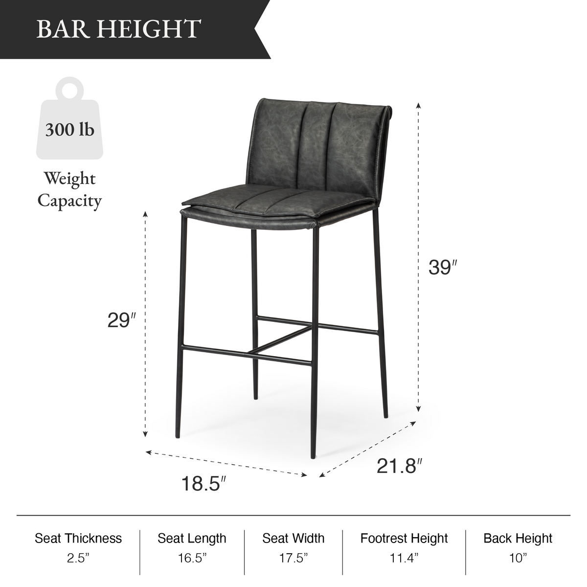Gerard Bar Stool in Black Finish with Dark Grey Faux Leather in Stools by Maven Lane
