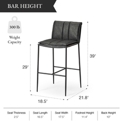 Gerard Bar Stool in Black Finish with Dark Grey Faux Leather in Stools by Maven Lane