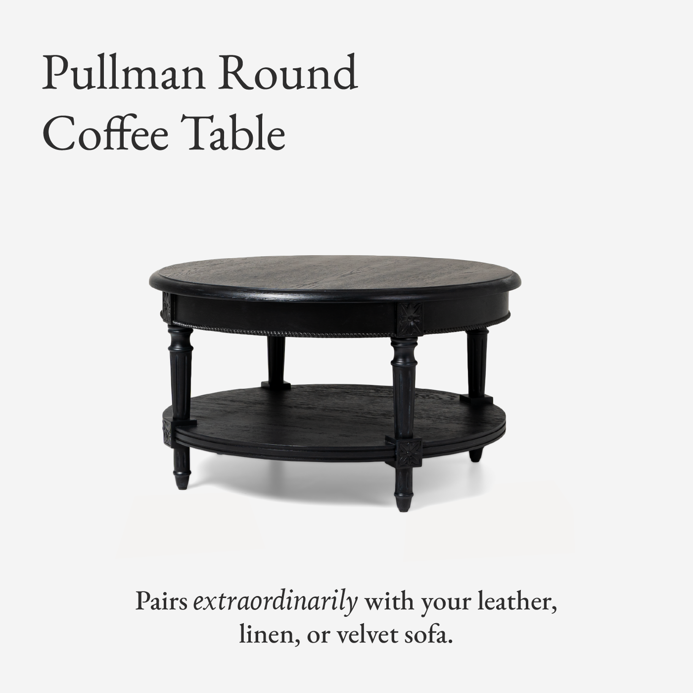 Pullman Traditional Round Wooden Coffee Table in Antiqued Black Finish in Accent Tables by Maven Lane