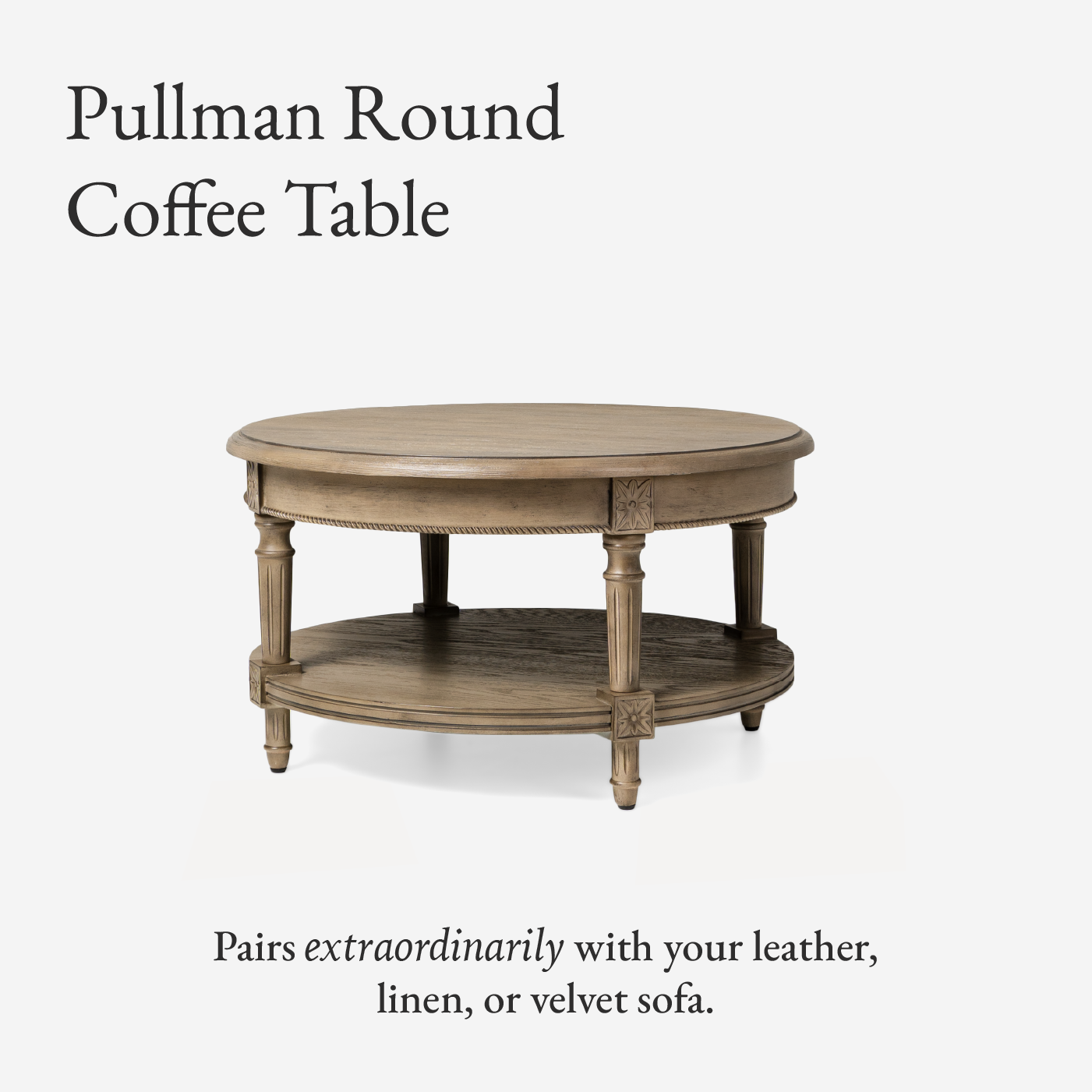 Pullman Traditional Round Wooden Coffee Table in Antiqued Grey Finish in Accent Tables by Maven Lane