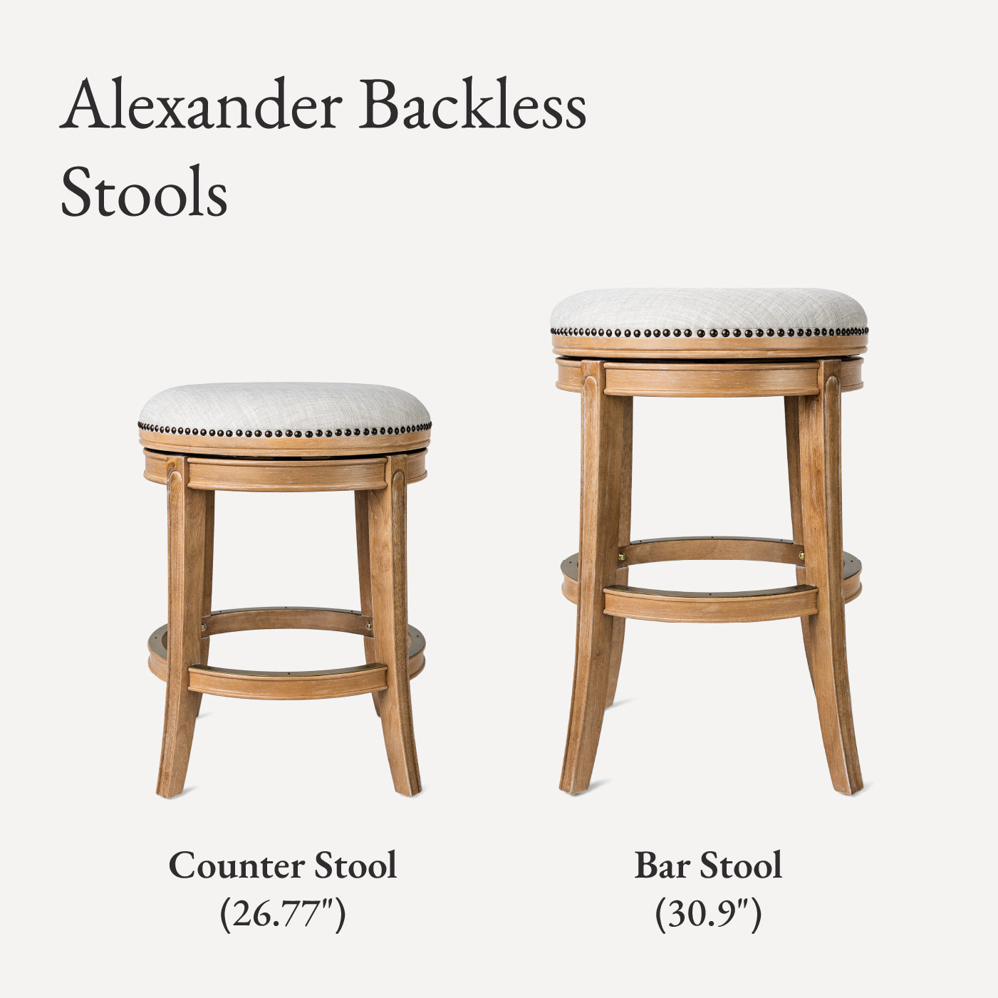 26" Alexander Backless Counter Stool in Weathered Oak Finish with Sand Color Fabric Upholstery in Stools by Maven Lane