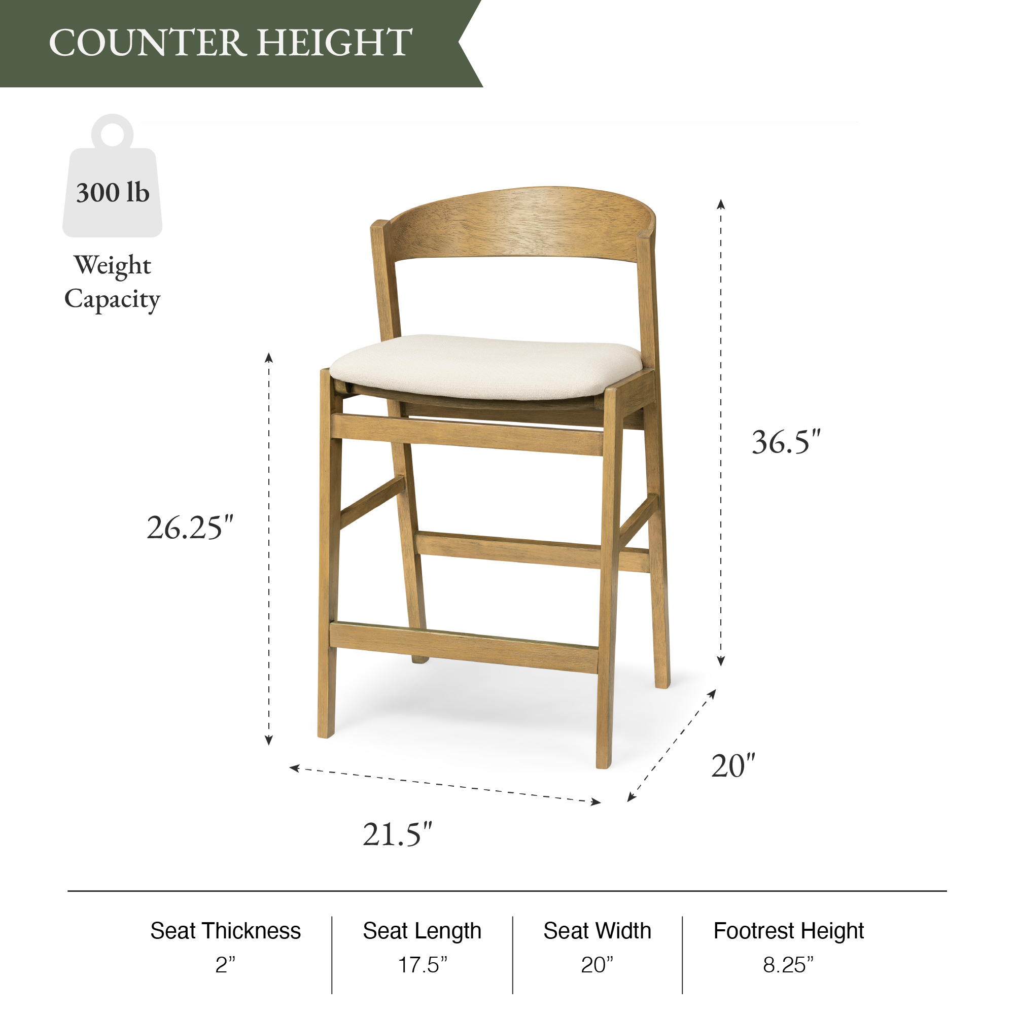 Harbor Counter Stool in Aged Natural with Light Beige Fabric Upholstery in Maven Lane by Maven Lane