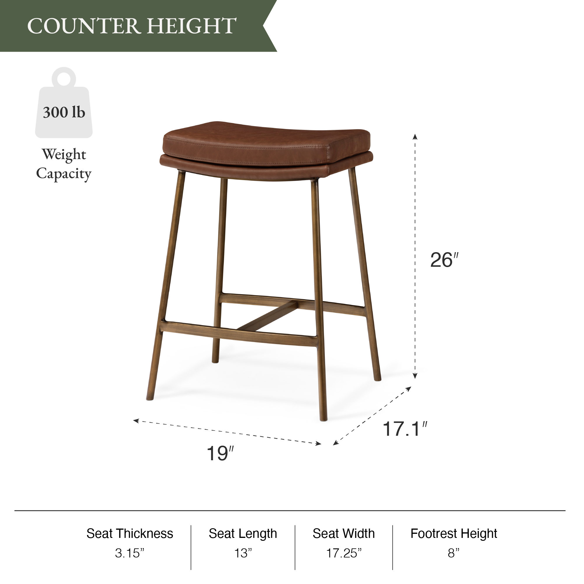Berkley Counter Height Saddle Stool – Brown Faux Leather & Aged Gold in Maven Lane by Maven Lane