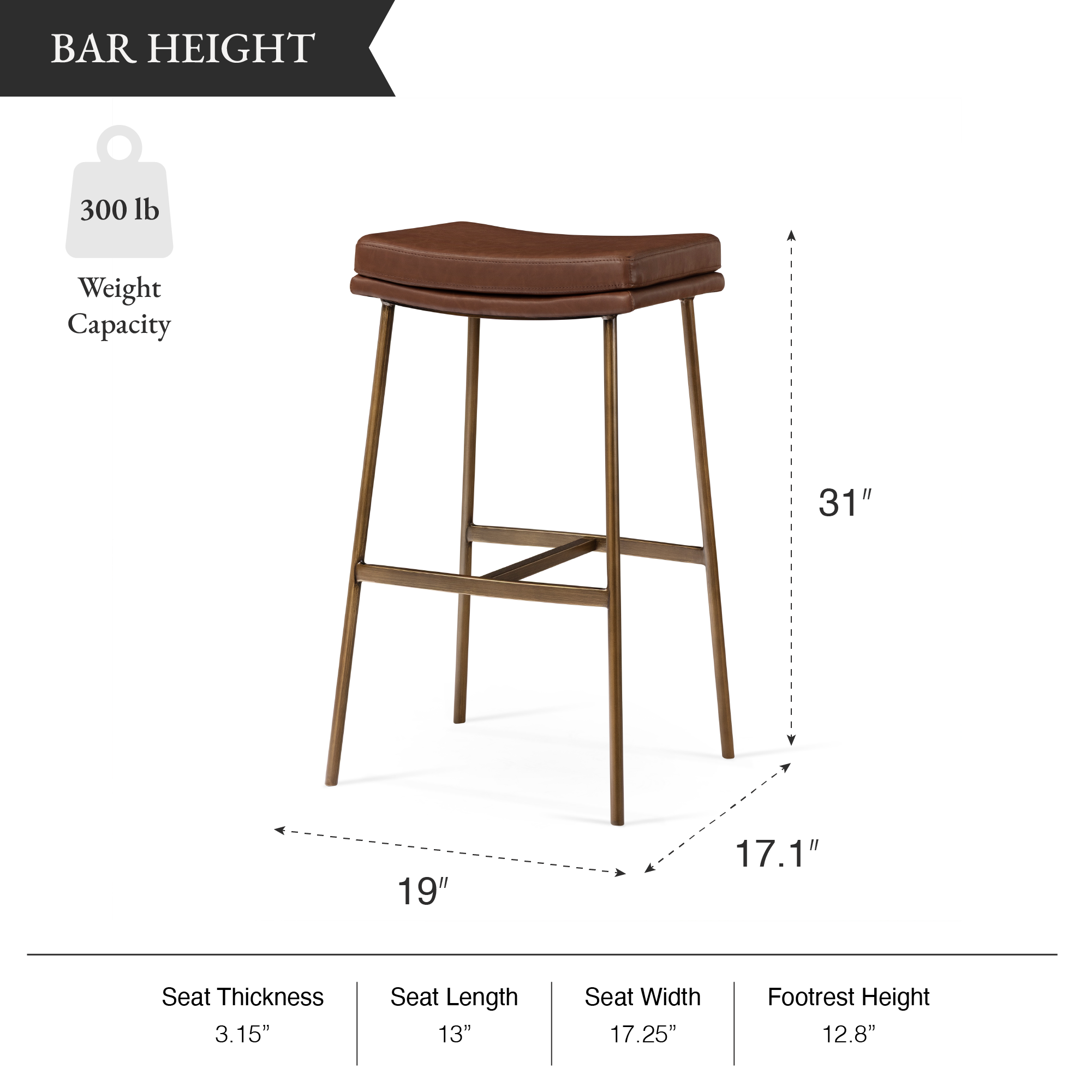 Berkley Bar Height Saddle Stool – Brown Faux Leather & Aged Gold in Maven Lane by Maven Lane