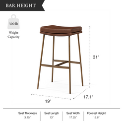 Berkley Bar Height Saddle Stool – Brown Faux Leather & Aged Gold in Maven Lane by Maven Lane