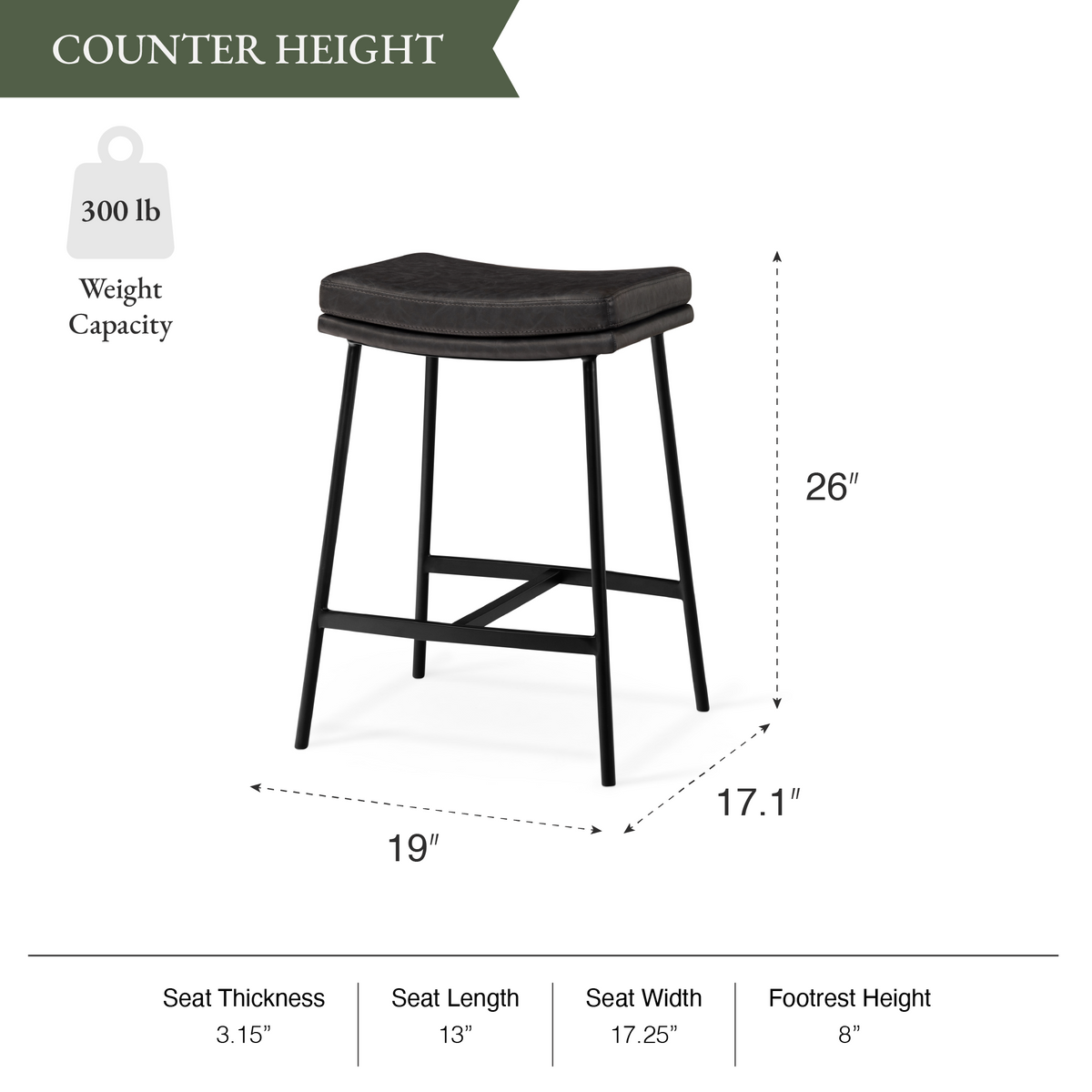 Berkley Counter Height Saddle Stool – Charcoal Faux Leather & Matte Black in Maven Lane by Maven Lane