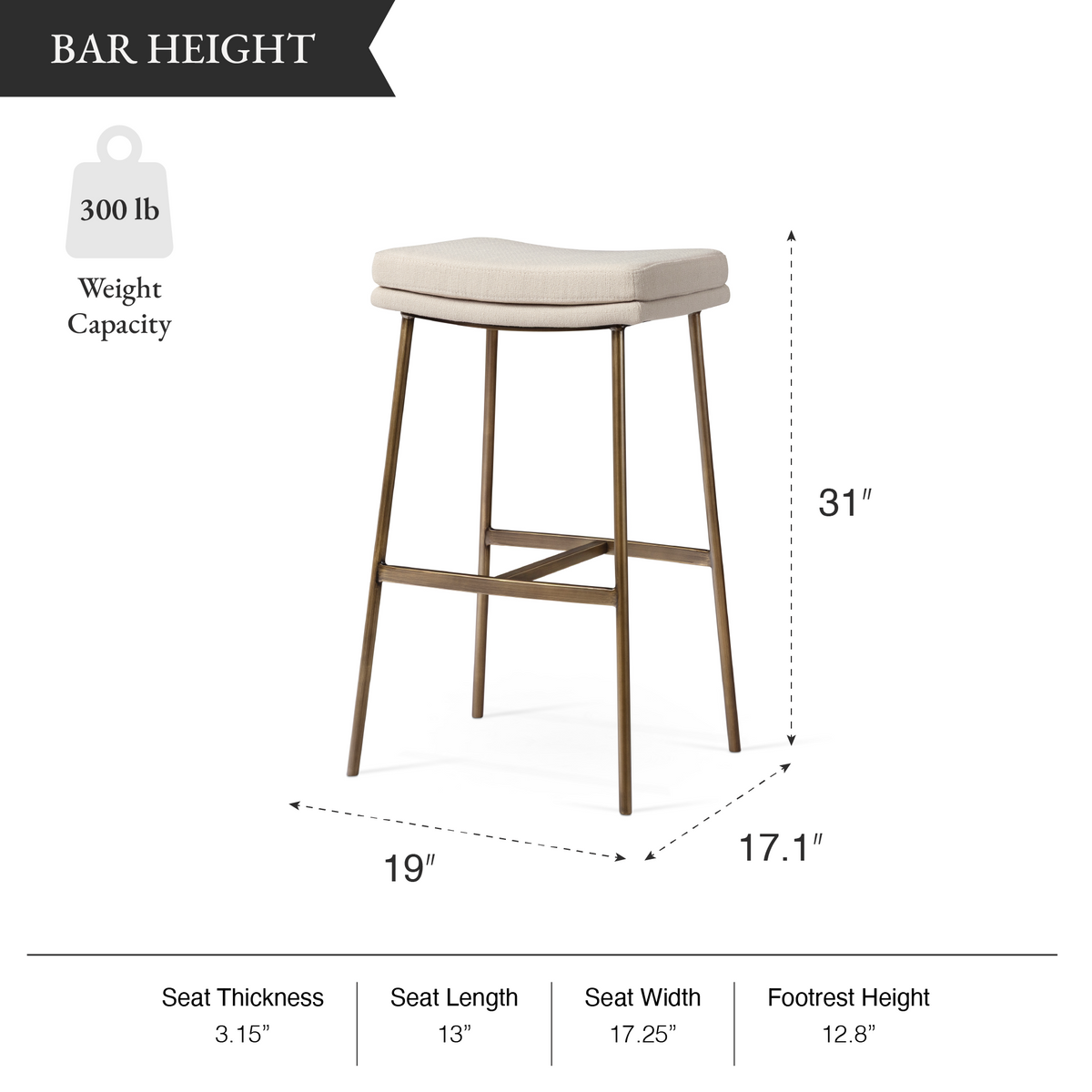 Berkley Bar Height Saddle Stool – Beige Fabric & Aged Gold in Maven Lane by Maven Lane