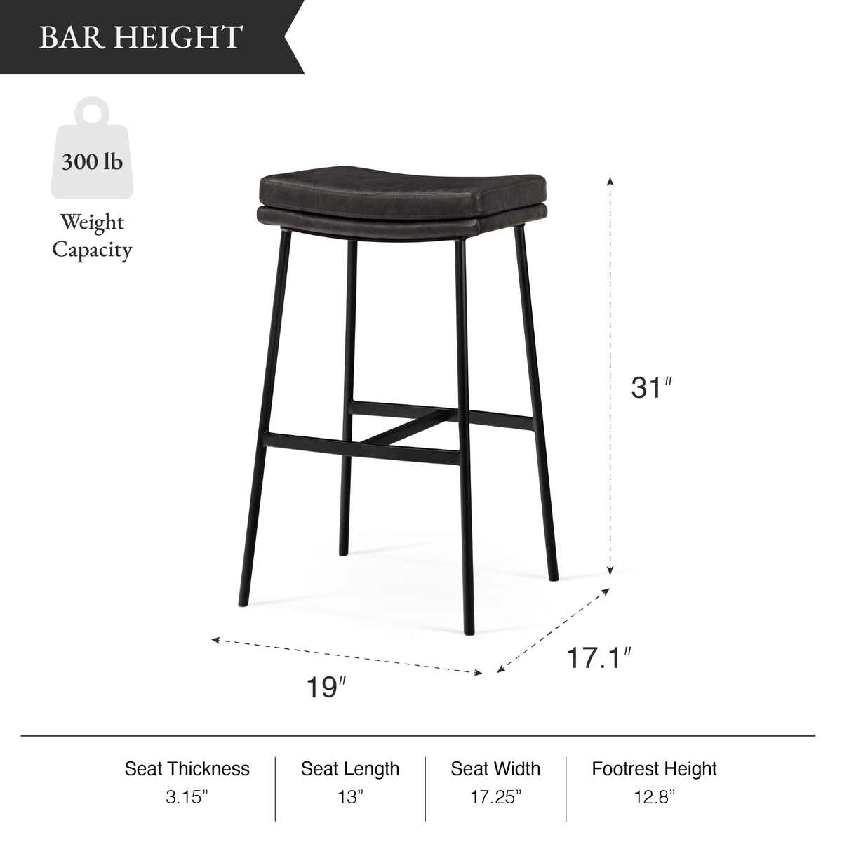 Berkley Bar Height Saddle Stool – Charcoal Faux Leather & Matte Black in Maven Lane by Maven Lane