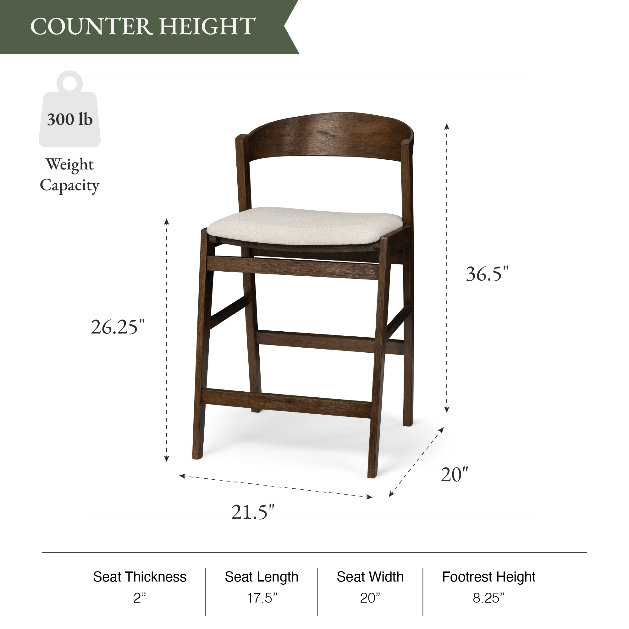 Harbor Counter Stool in Aged Brown with Light Beige Fabric Upholstery in Maven Lane by Maven Lane