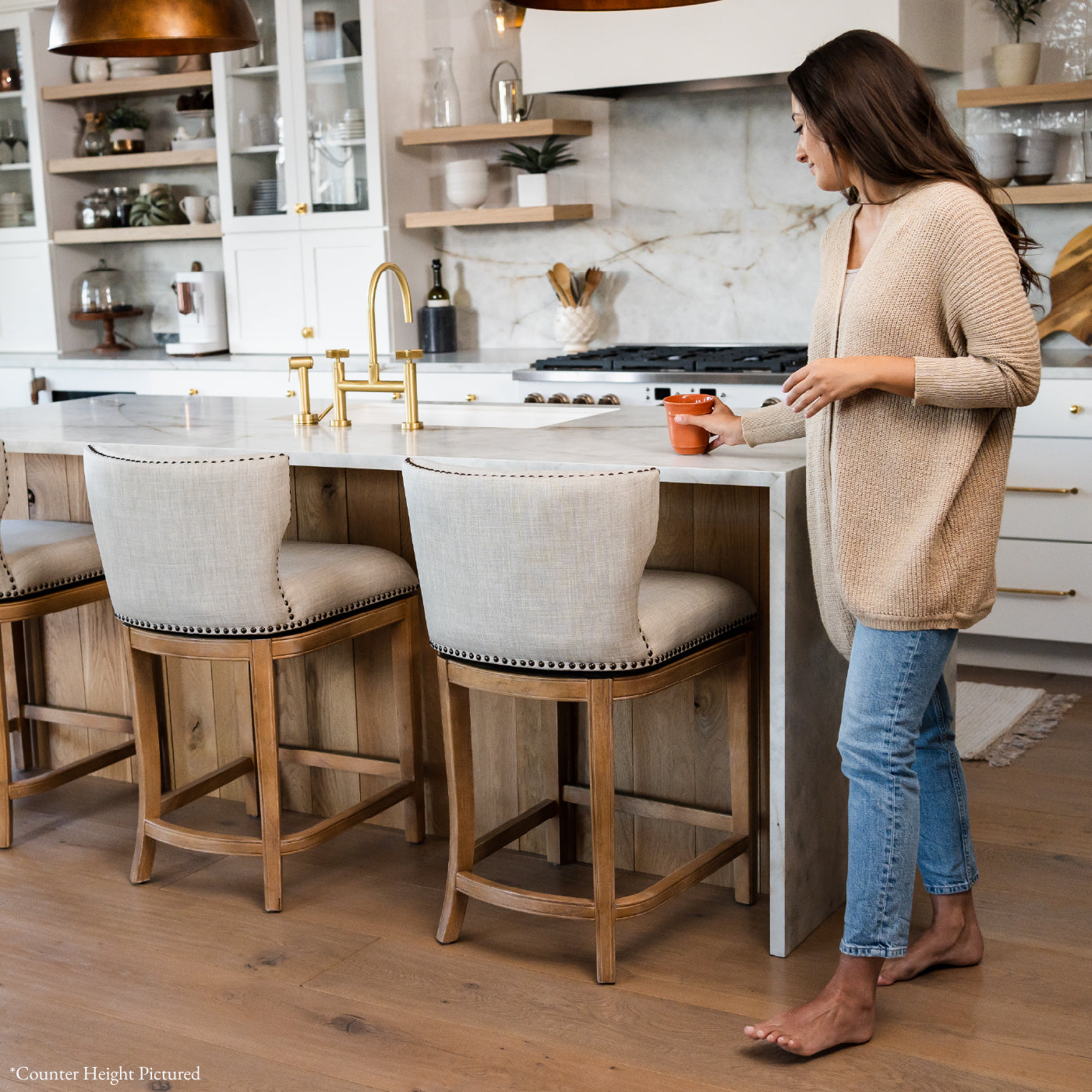 31" Hugo Bar Stool in Natural Finish with Light Grey Fabric Upholstery in Maven Lane by Maven Lane