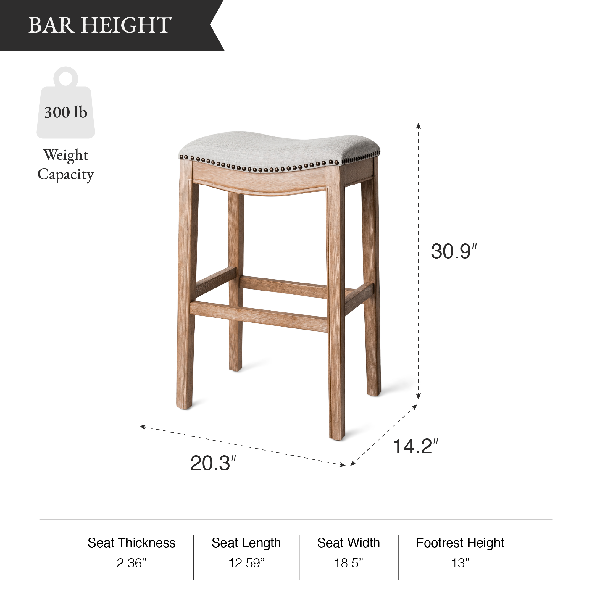 Adrien Saddle Bar Stool in Natural Finish with Light Grey Fabric in Stools by Maven Lane