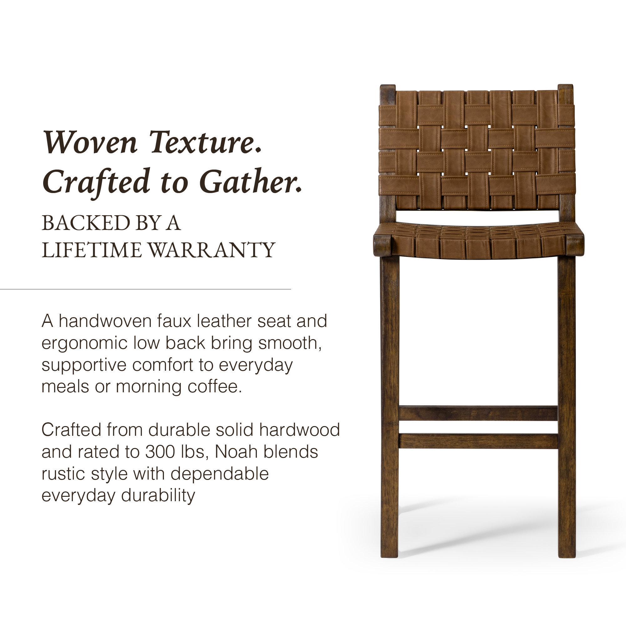 Noah Bar Stool In Brown Finish & Brown Woven Faux Leather Seat in Stools by Maven Lane