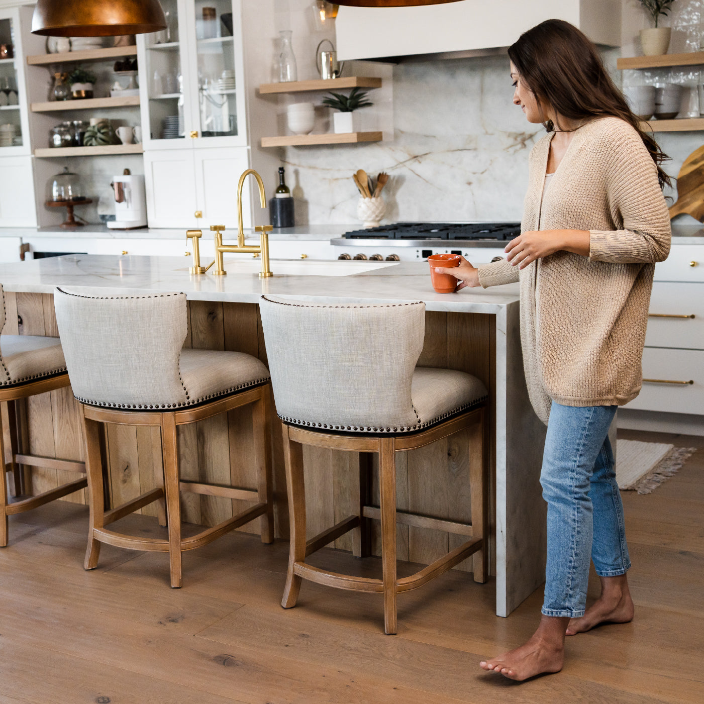 26" Hugo Counter Stool in Natural Finish with Light Grey Fabric Upholstery in Maven Lane by Maven Lane