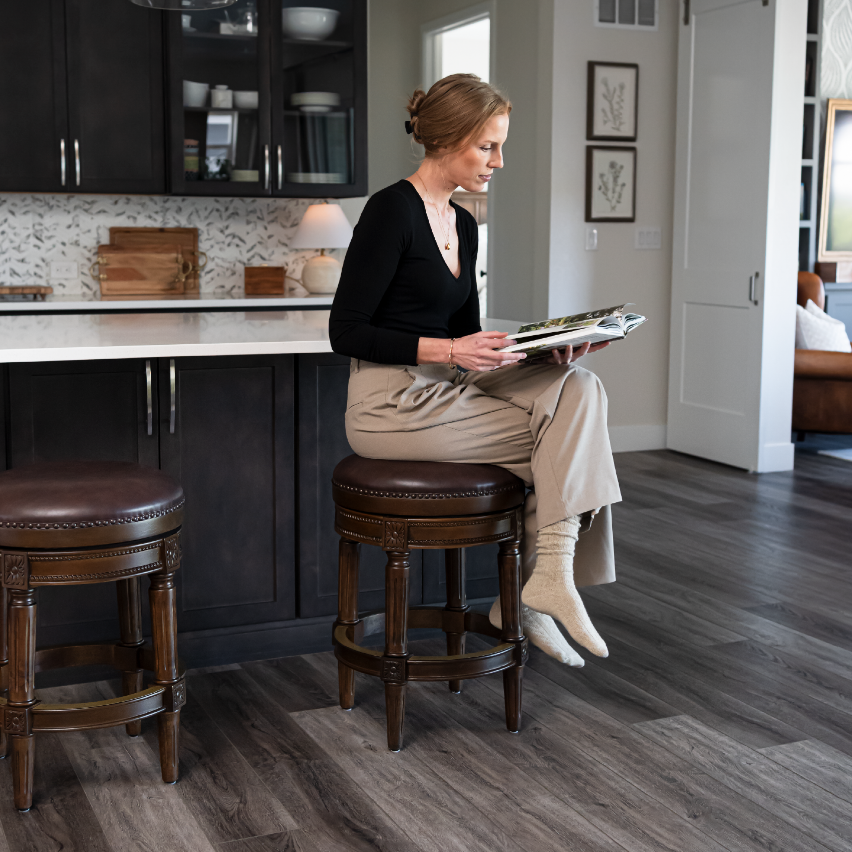 27" Pullman backless swivel counter height kitchen stool - dark walnut finish w/ vintage brown vegan leather in Stools by Maven Lane