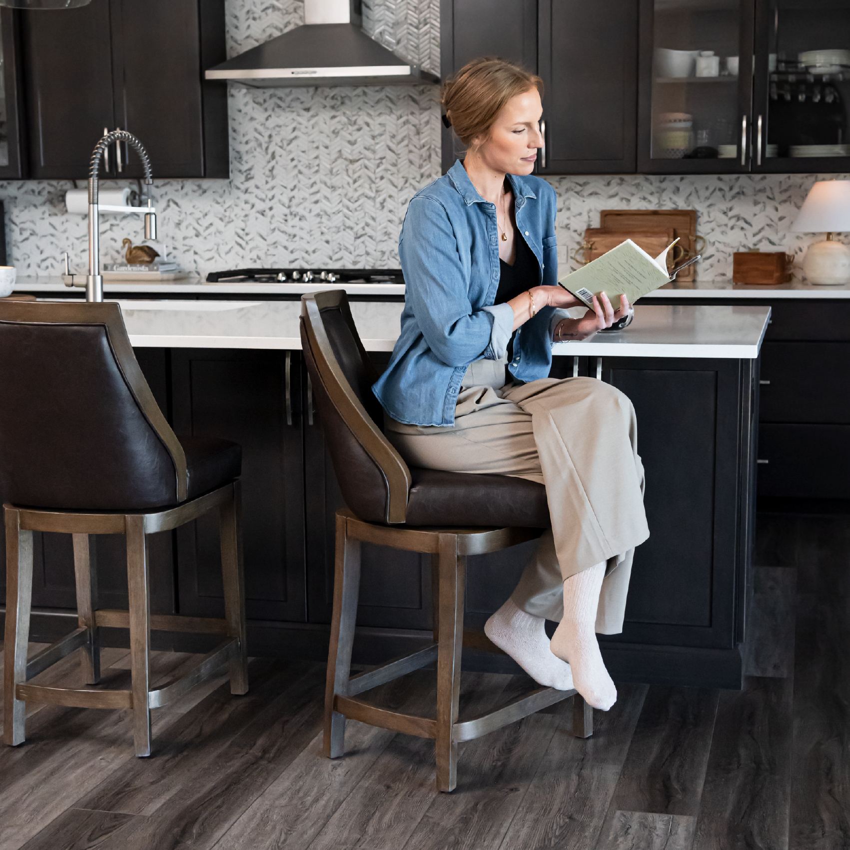 27" Vienna swivel counter height kitchen stool - walnut finish with marksman saddle vegan leather in Stools by Maven Lane