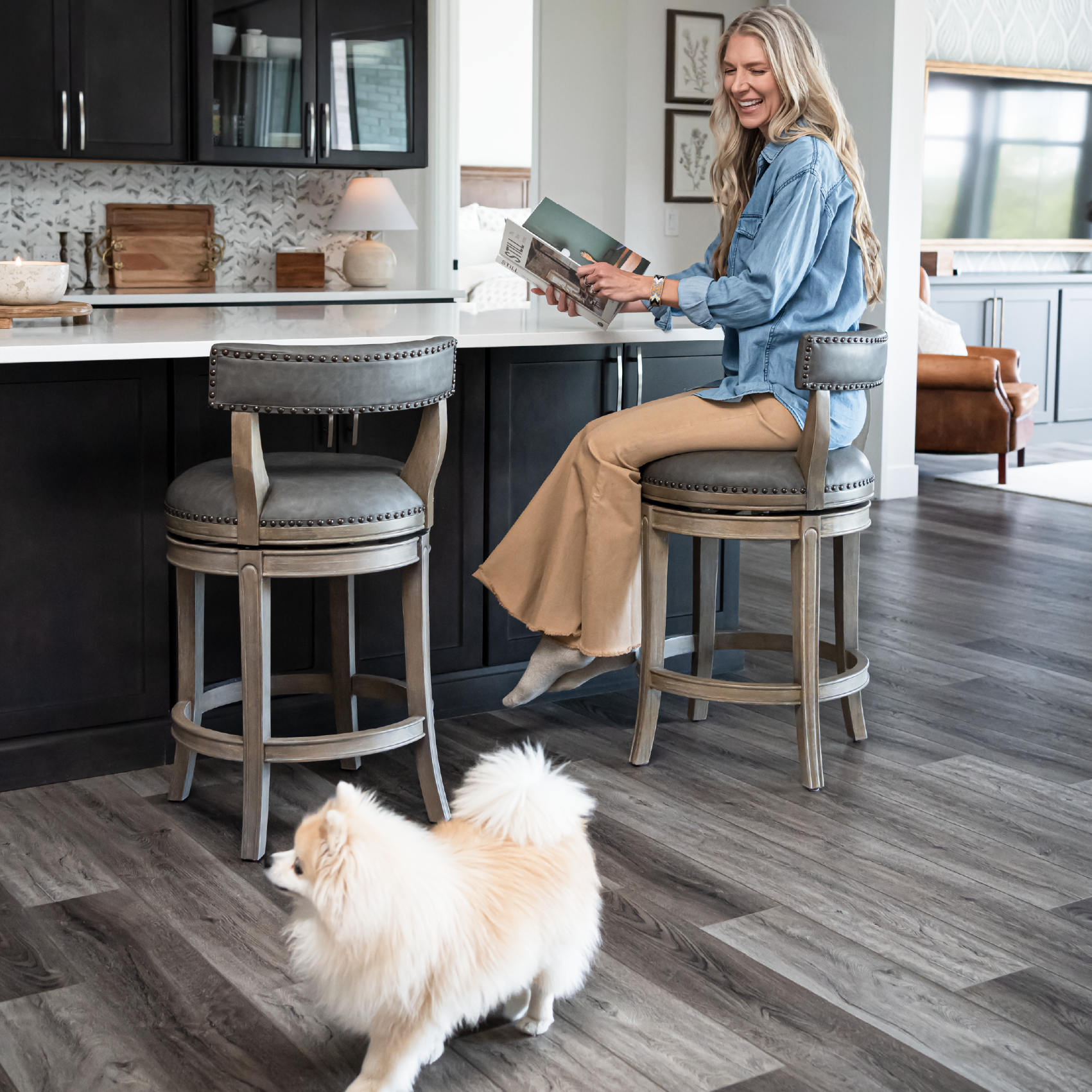 27" Alexander swivel counter height kitchen stool - reclaimed oak finish with ronan stone vegan leather in Stools by Maven Lane