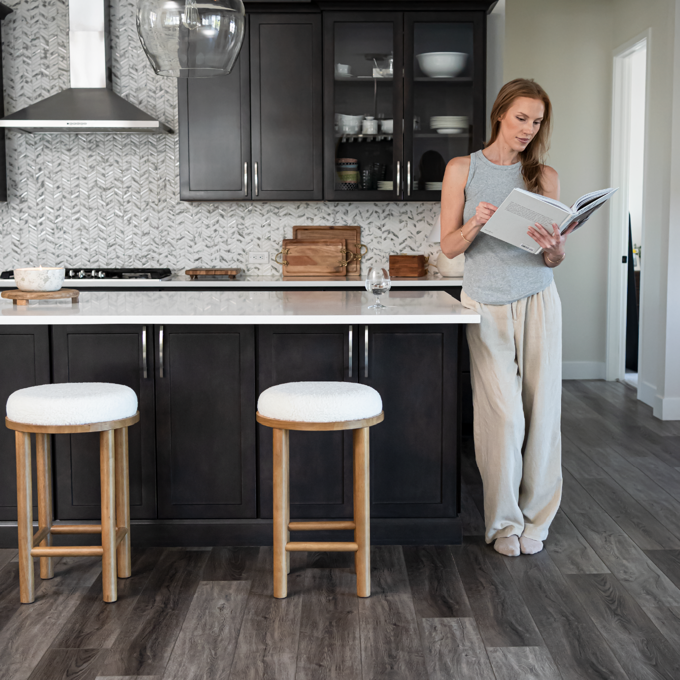 27" Clara counter height kitchen stool - aged natural wood finish with white boucle fabric in Counter Stools by Maven Lane
