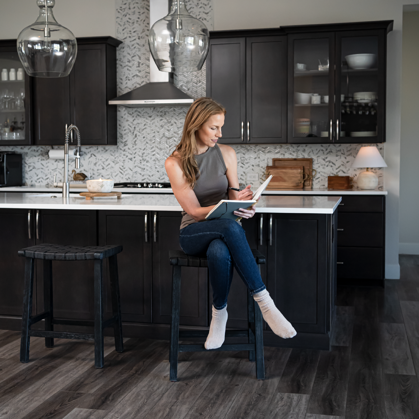 26" Noah backless counter height kitchen stool - aged black finish with charcoal black vegan leather in Stools by Maven Lane
