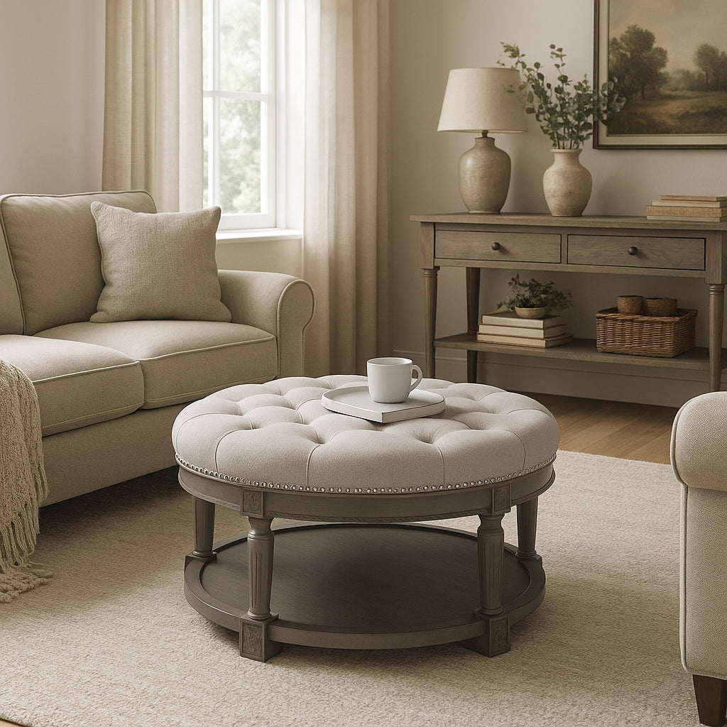 Mesa Round Upholstered Coffee Table in Grey Finish with Grey Fabric in Coffee Table by Maven Lane