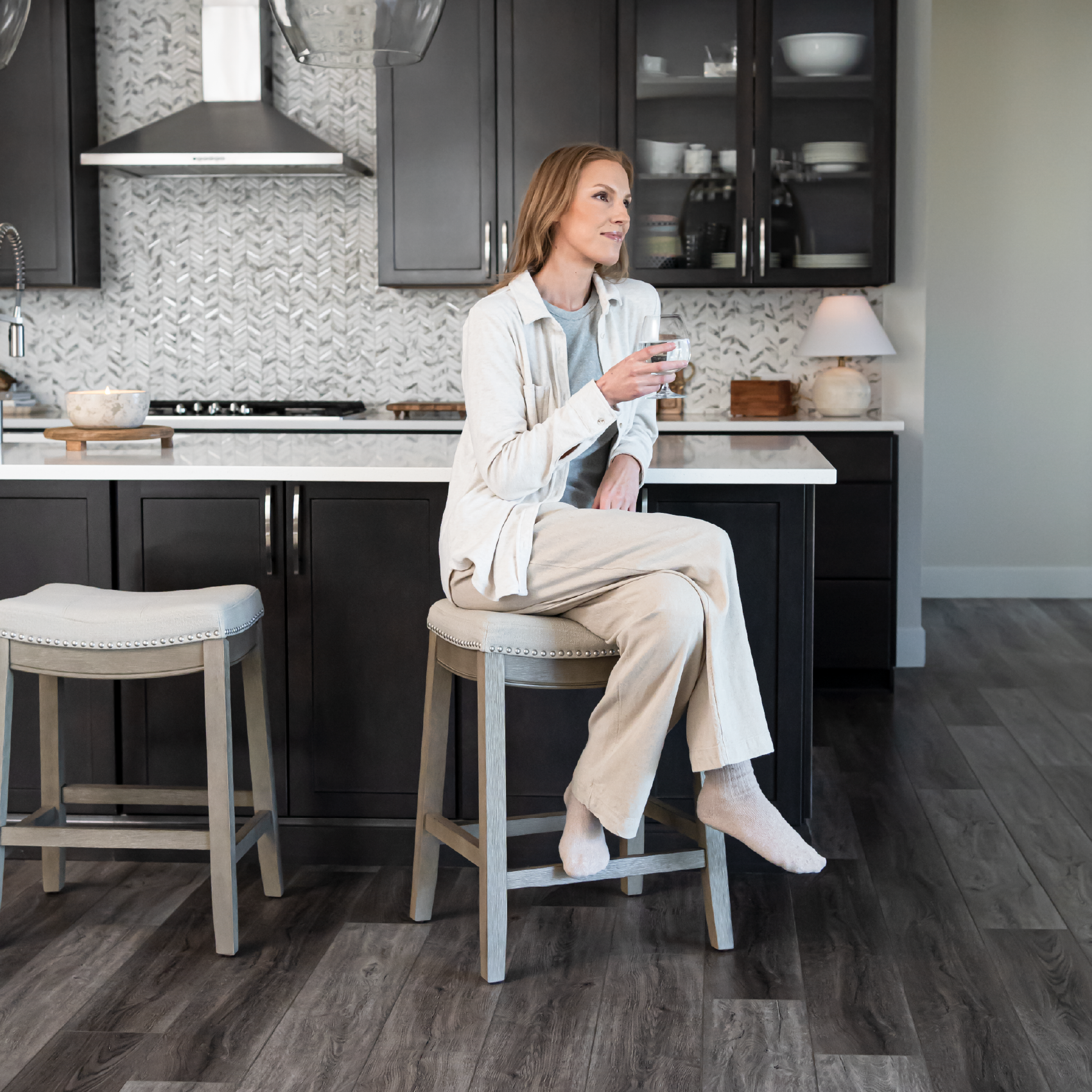 Sophia Saddle Backless Counter Height Kitchen Stool - Aged Grey Finish with Dove Grey Fabric in Stools by Maven Lane