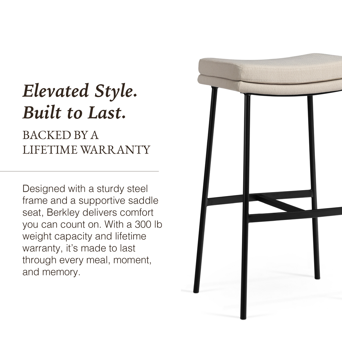 Berkley Bar Height Saddle Stool – Beige Fabric & Matte Black in Maven Lane by Maven Lane