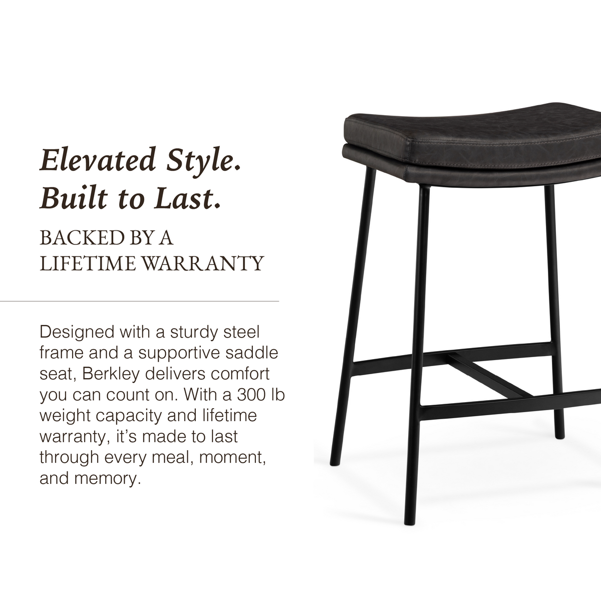 Berkley Counter Height Saddle Stool – Charcoal Faux Leather & Matte Black in Maven Lane by Maven Lane