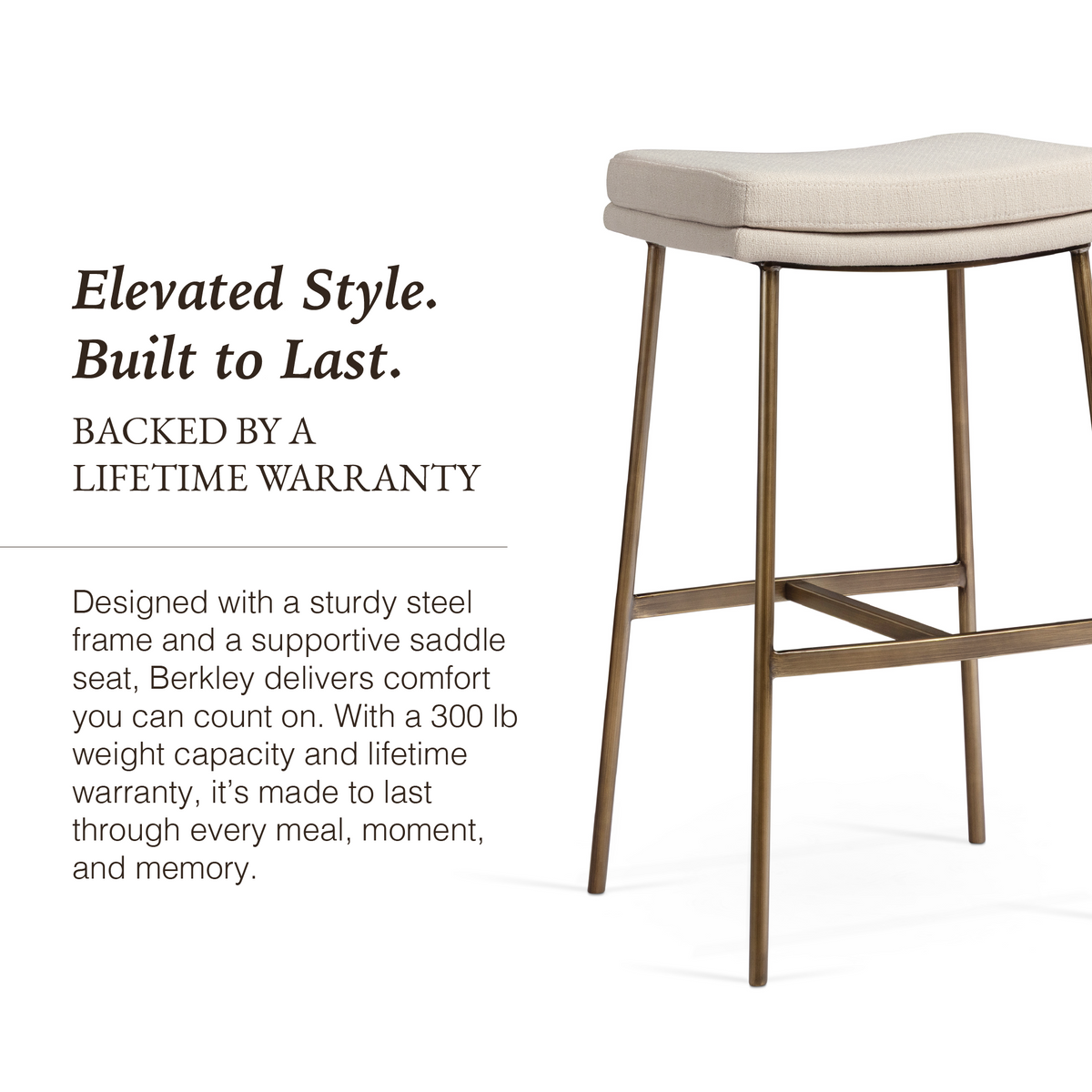 Berkley Bar Height Saddle Stool – Beige Fabric & Aged Gold in Maven Lane by Maven Lane