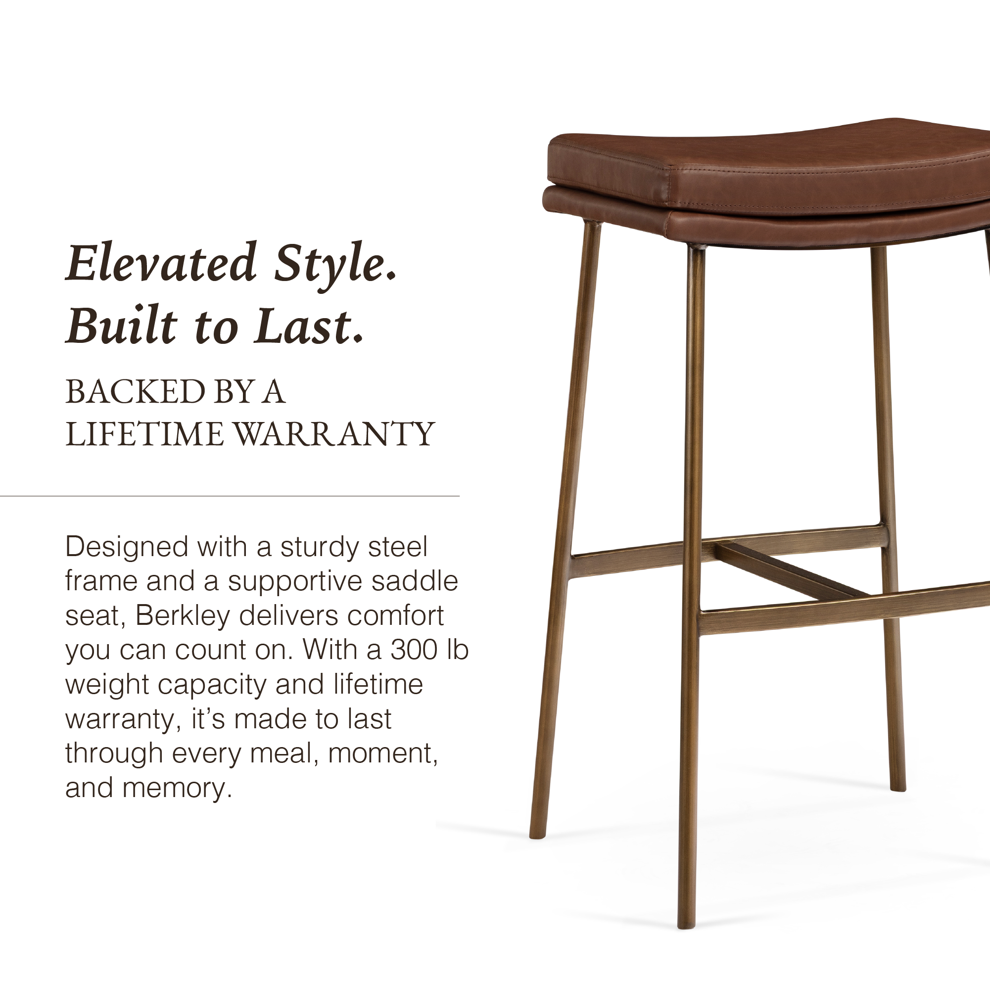 Berkley Bar Height Saddle Stool – Brown Faux Leather & Aged Gold in Maven Lane by Maven Lane