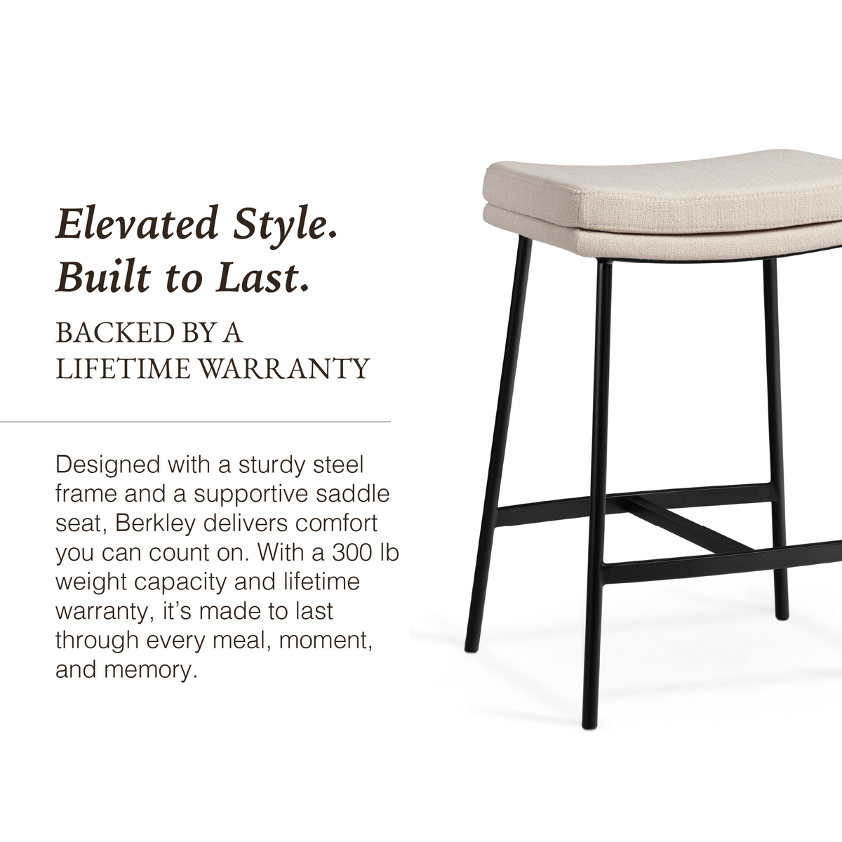 Berkley Counter Height Saddle Stool – Beige Fabric & Matte Black in Maven Lane by Maven Lane