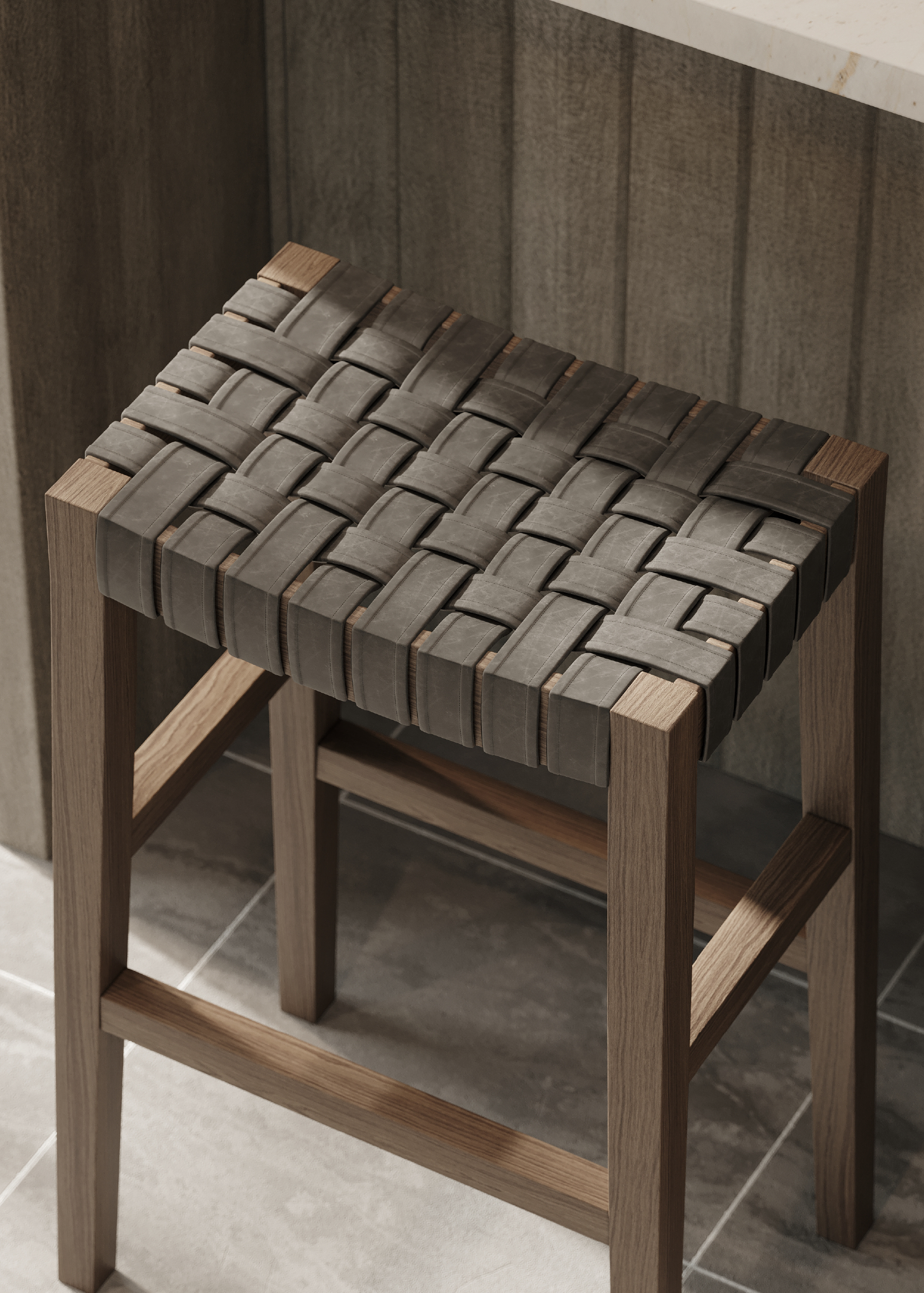 Emerson Bar Stool In Weathered Grey Wood Finish With Ronan Stone Vegan Leather in Stools by Maven Lane