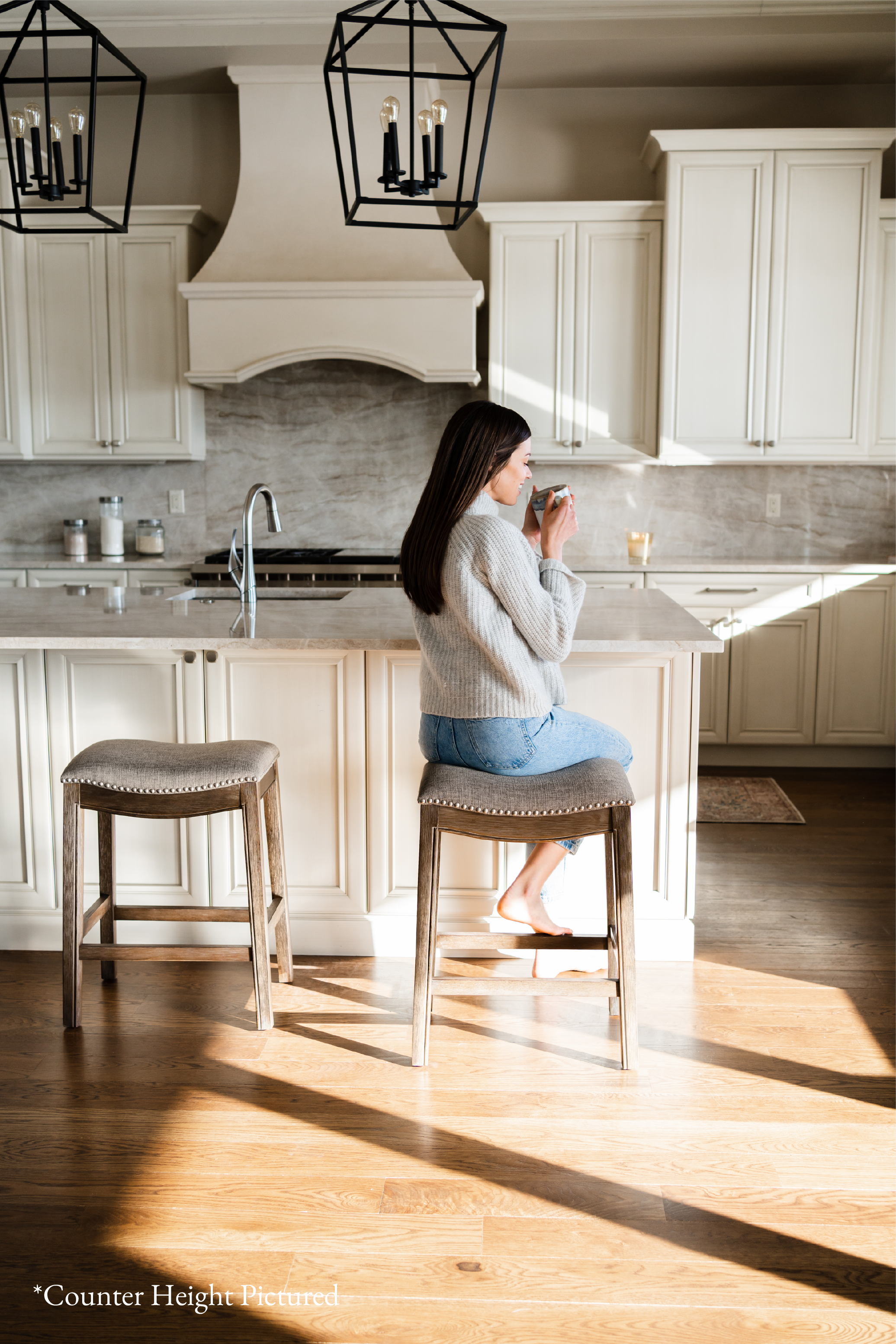 Adrien Backless Saddle Bar Stool in Walnut Finish w/ Grey Fabric Upholstery in Maven Lane by Maven Lane