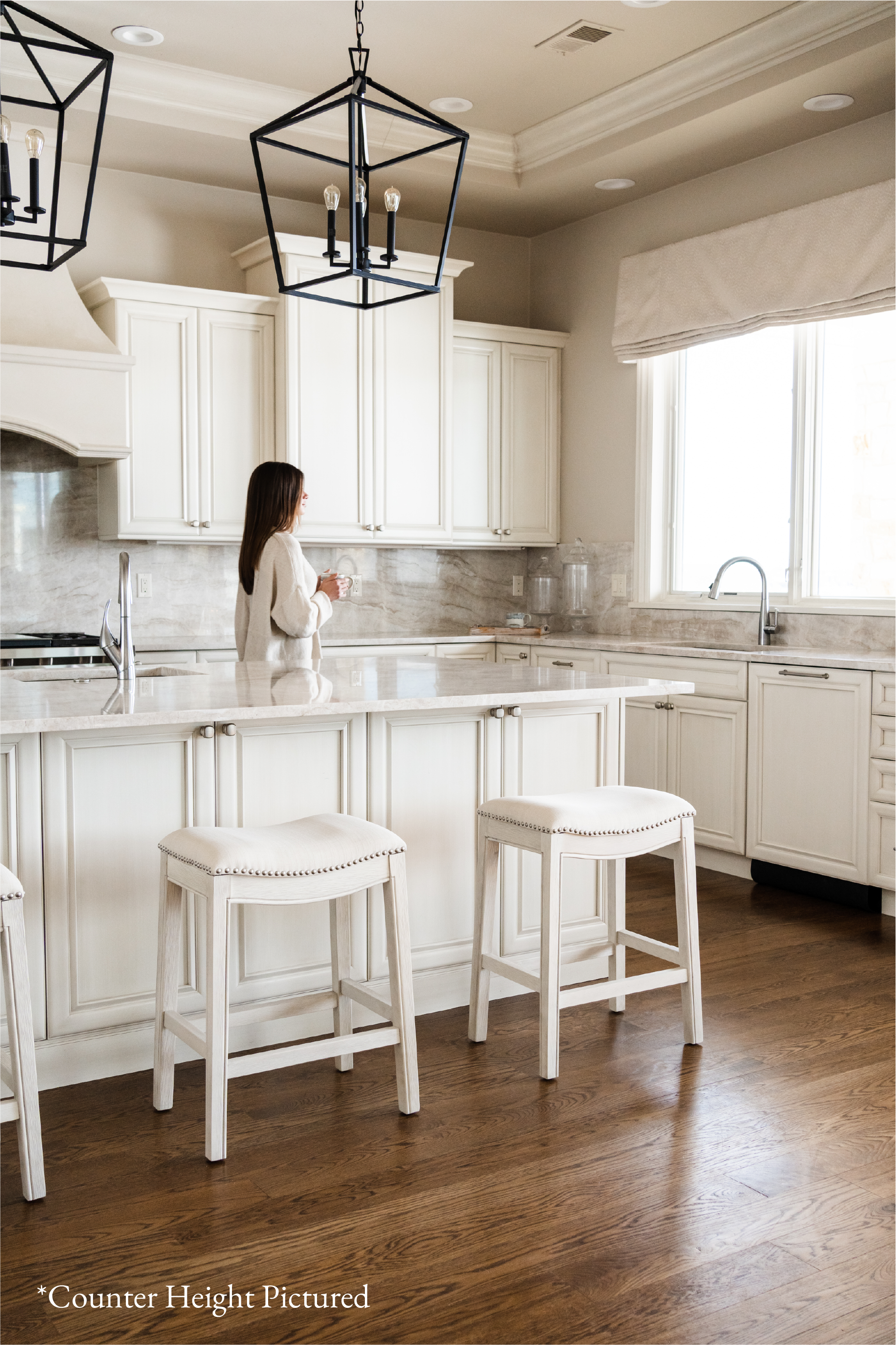 Adrien Saddle Bar Stool In White Oak Finish With Natural Fabric Upholstery in Stools by Maven Lane