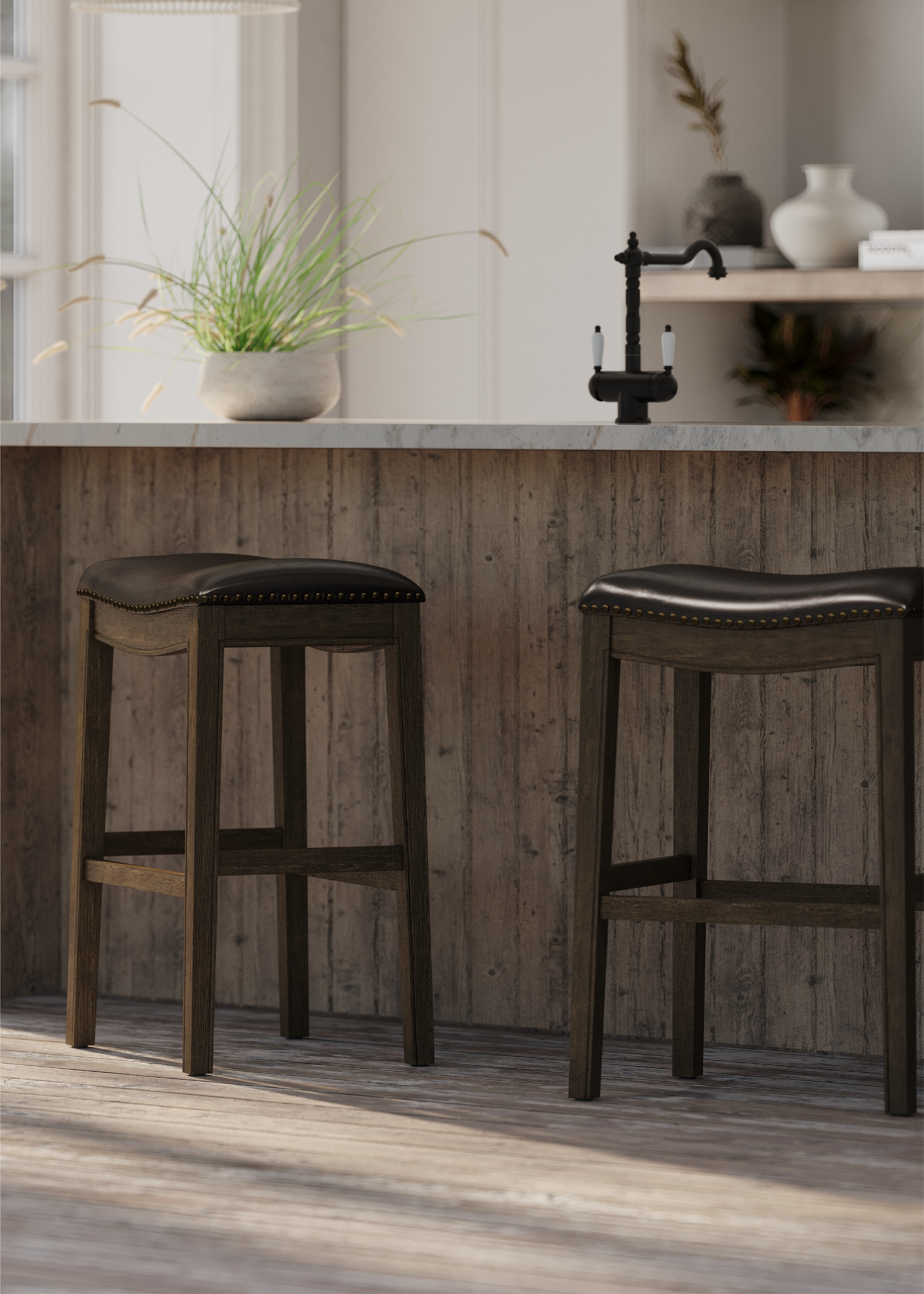 Adrien Saddle Bar Stool In Walnut Finish With Marksman Saddle Vegan Leather in Stools by Maven Lane