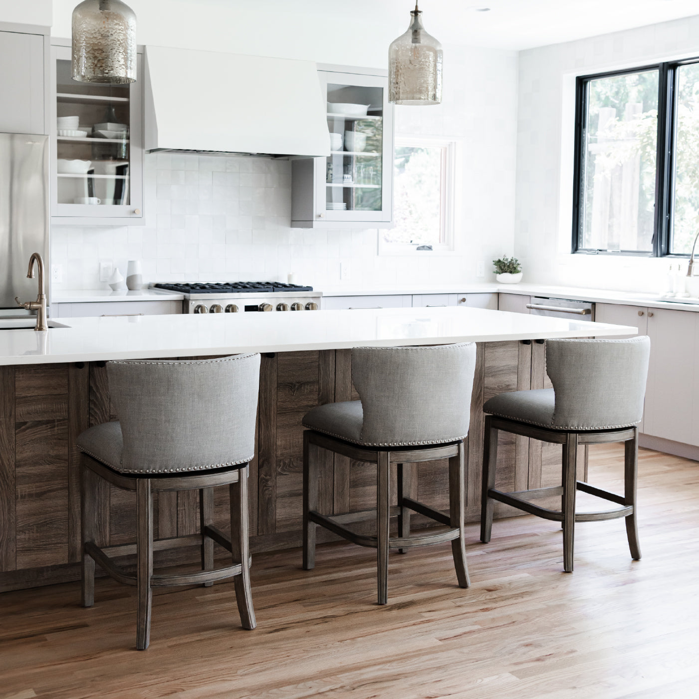 26" Hugo Counter Stool in Grey Finish with Grey Fabric Upholstery in Maven Lane by Maven Lane