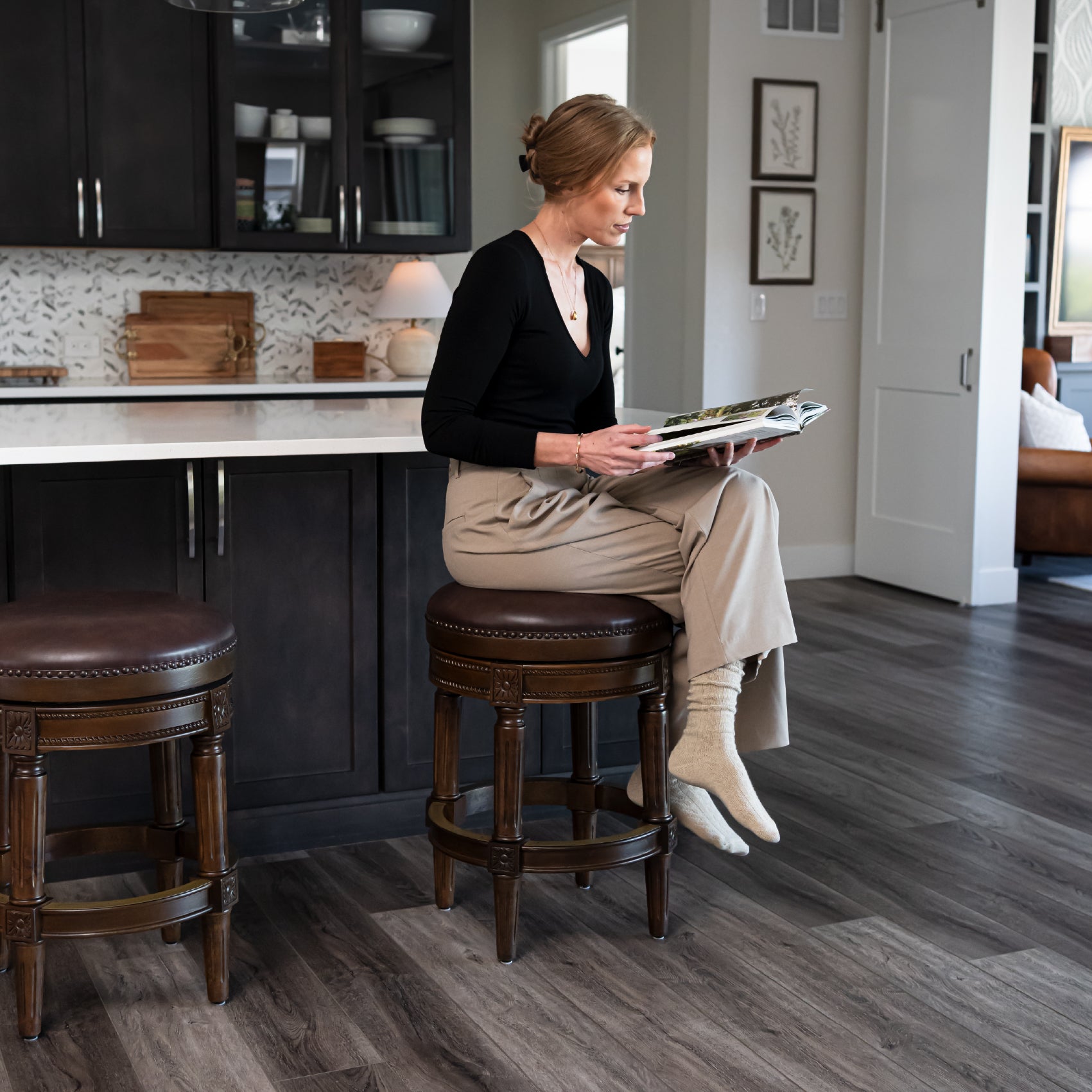 26" Pullman Backless Counter Stool in Dark Walnut Finish with Vintage Brown Vegan Leather in Stools by Maven Lane