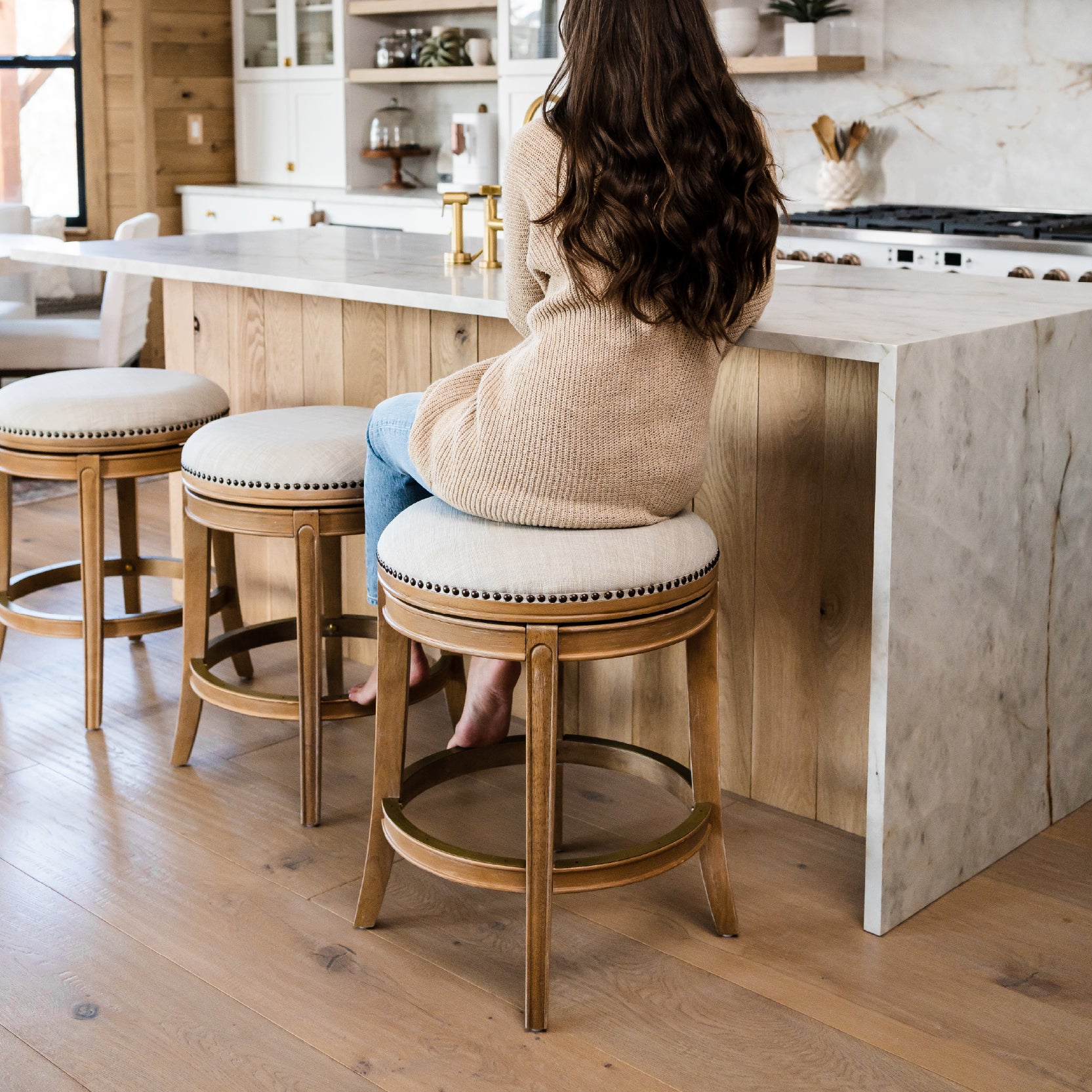 26" Alexander Backless Counter Stool in Weathered Oak Finish with Sand Color Fabric Upholstery in Stools by Maven Lane