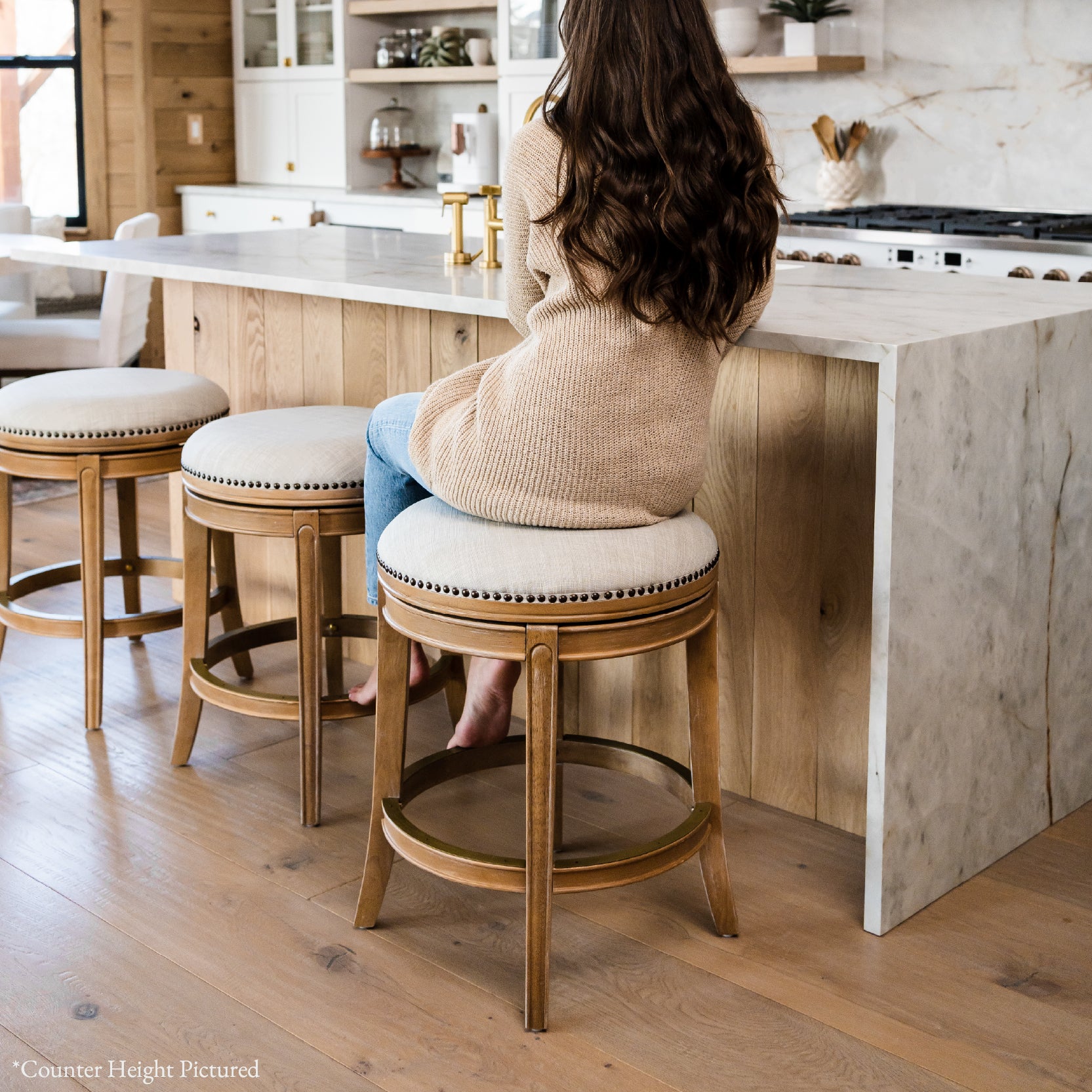 31" Alexander Backless Bar Stool in Brown Finish with Natural Fabric Upholstery in Stools by Maven Lane