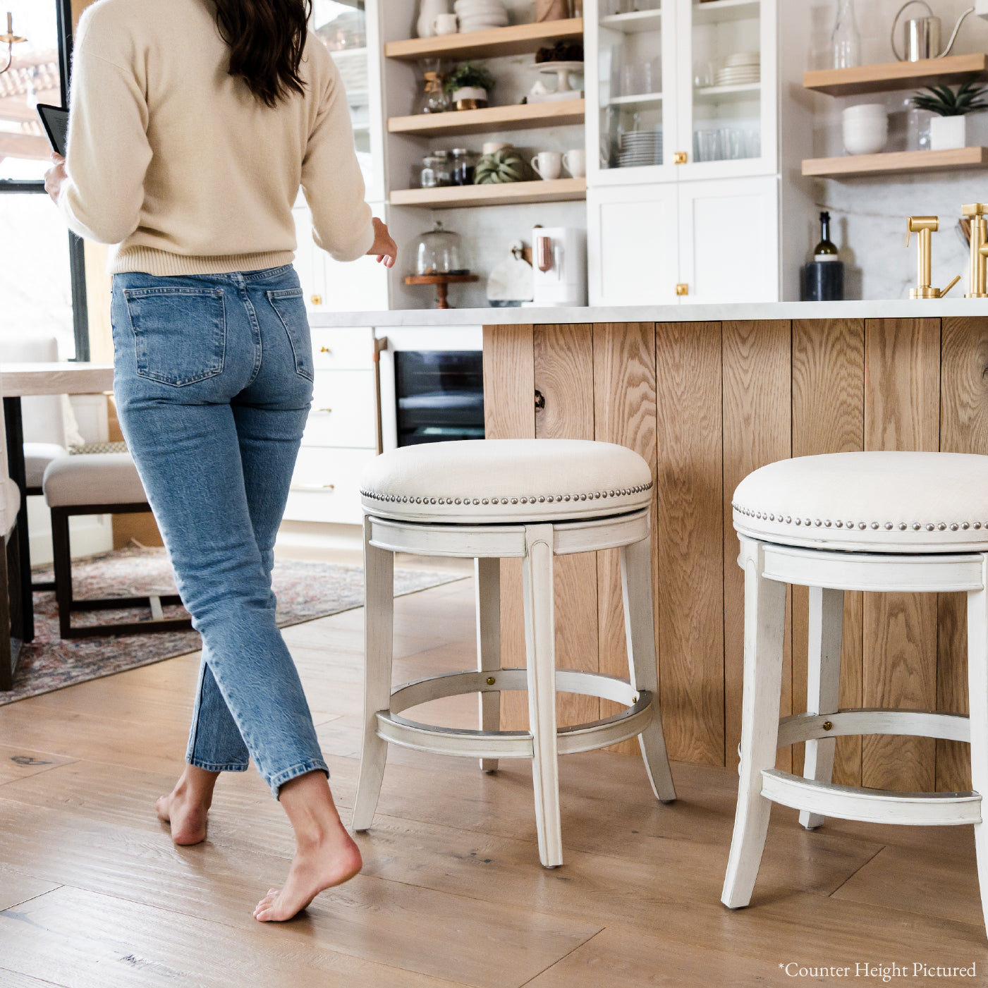 31" Alexander Backless Bar Stool in Cream Finish with Natural Fabric Upholstery in Stools by Maven Lane