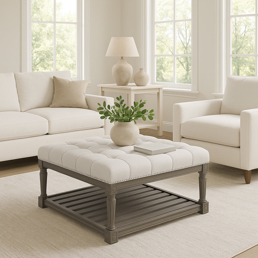 19" Mesa Square Upholstered Coffee Table in Grey Finish with Grey Fabric in Coffee Table by Maven Lane