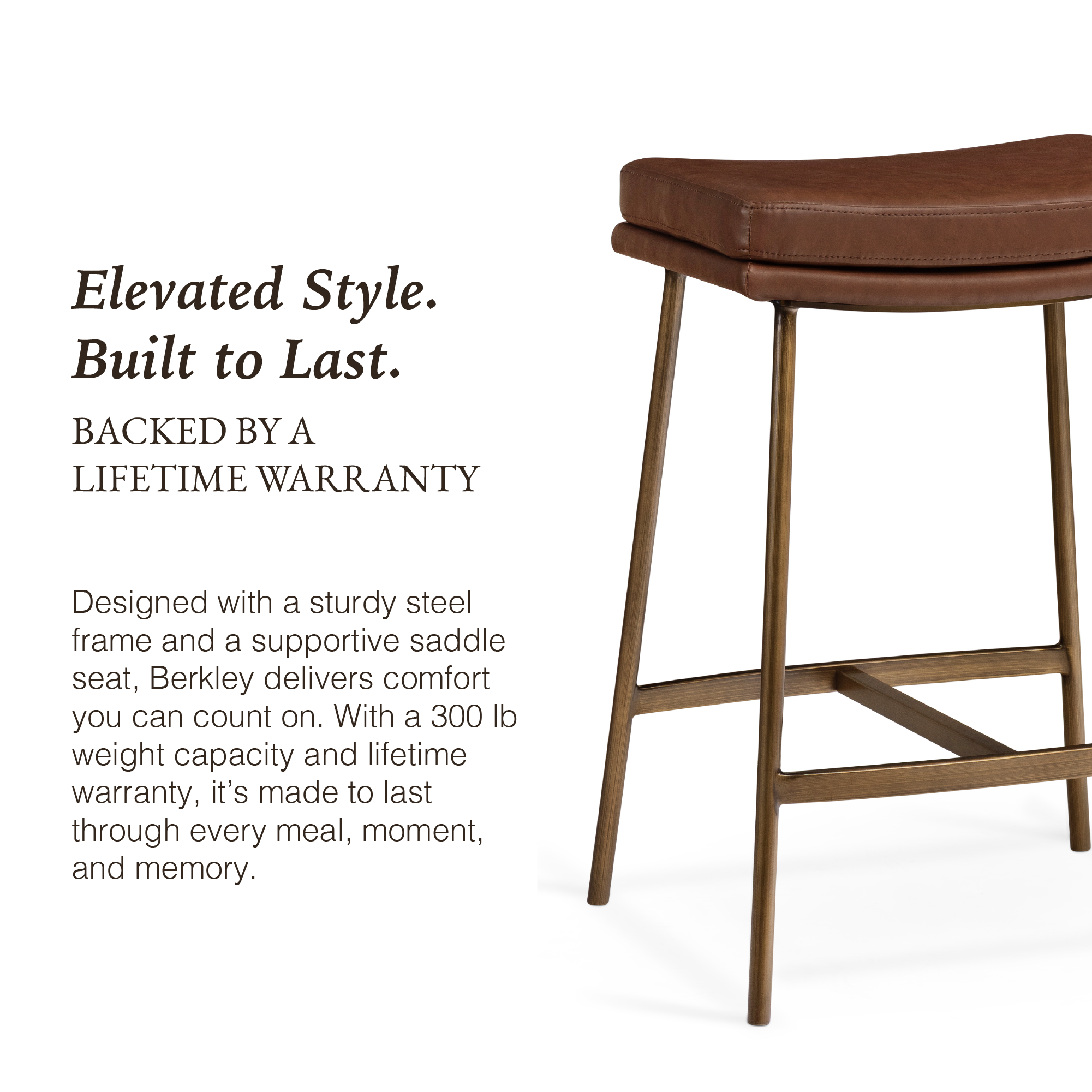 Berkley Counter Height Saddle Stool – Brown Faux Leather & Aged Gold in Maven Lane by Maven Lane