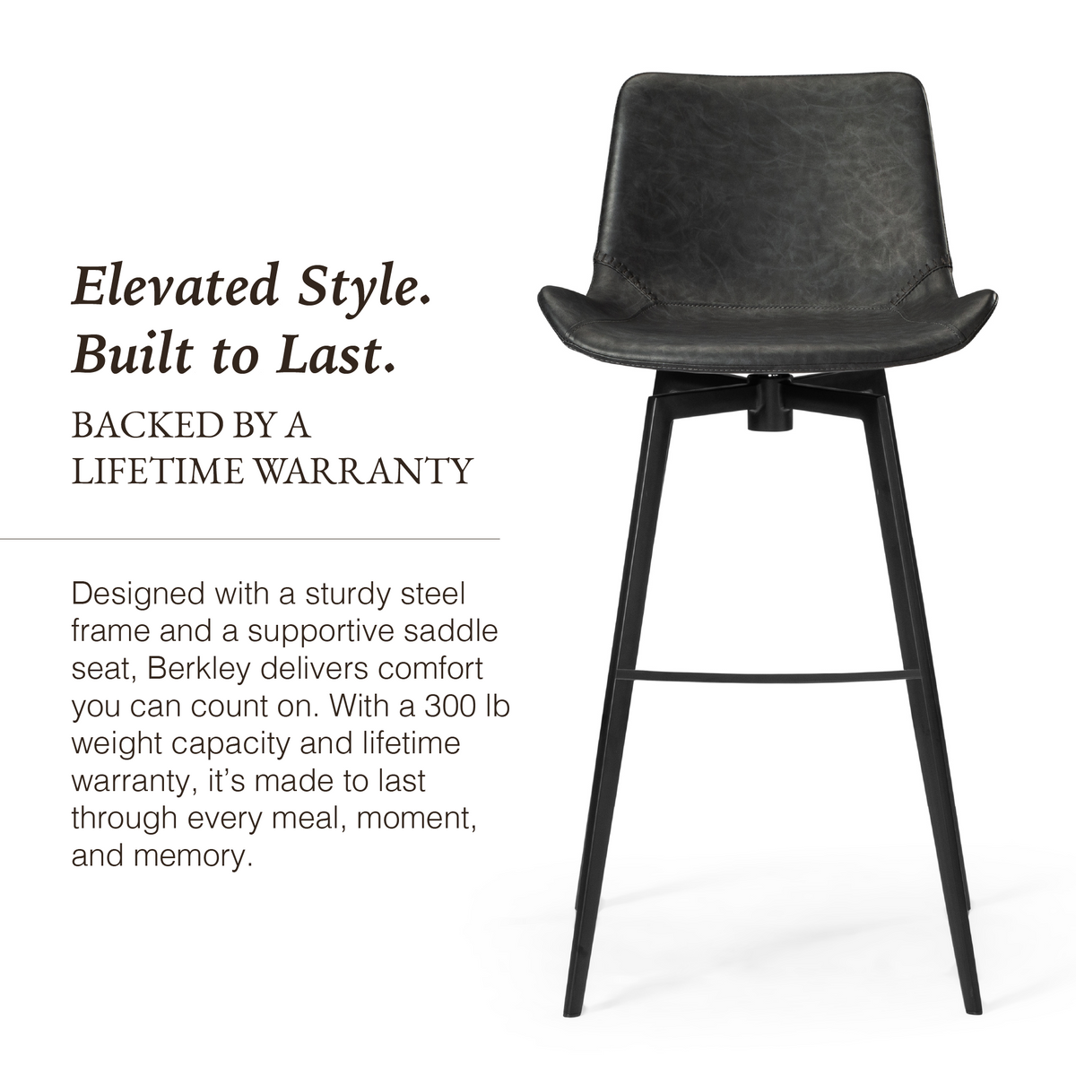 Victor Bar Stool in Black Finish with Dark Grey Faux Leather in Stools by Maven Lane
