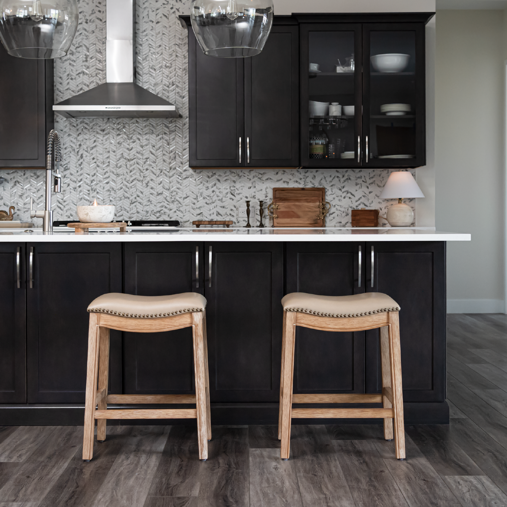 26" Adrien saddle counter height kitchen stool - weathered oak finish with avanti bone vegan leather in Stools by Maven Lane
