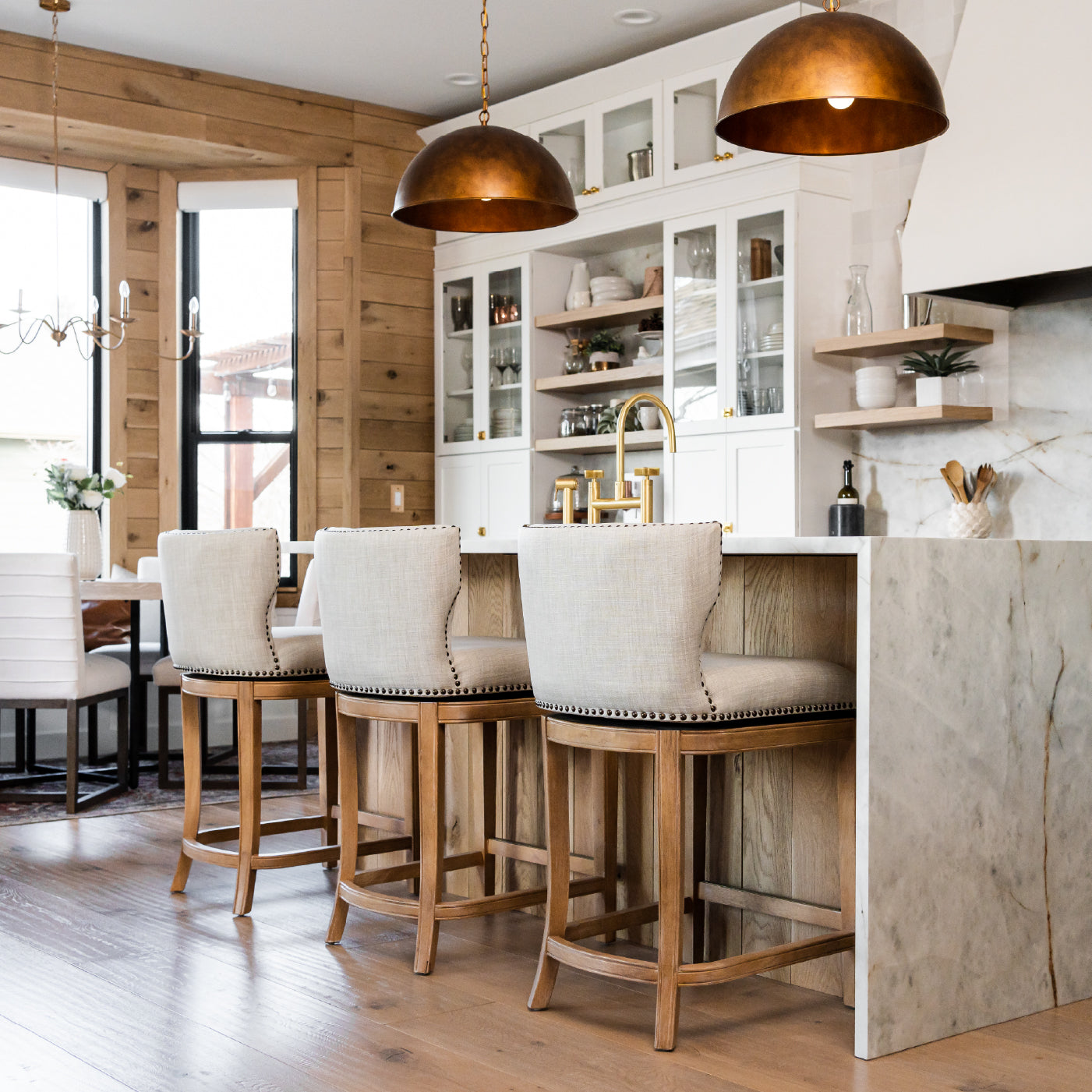 26" Hugo Counter Stool in Natural Finish with Light Grey Fabric Upholstery in Maven Lane by Maven Lane