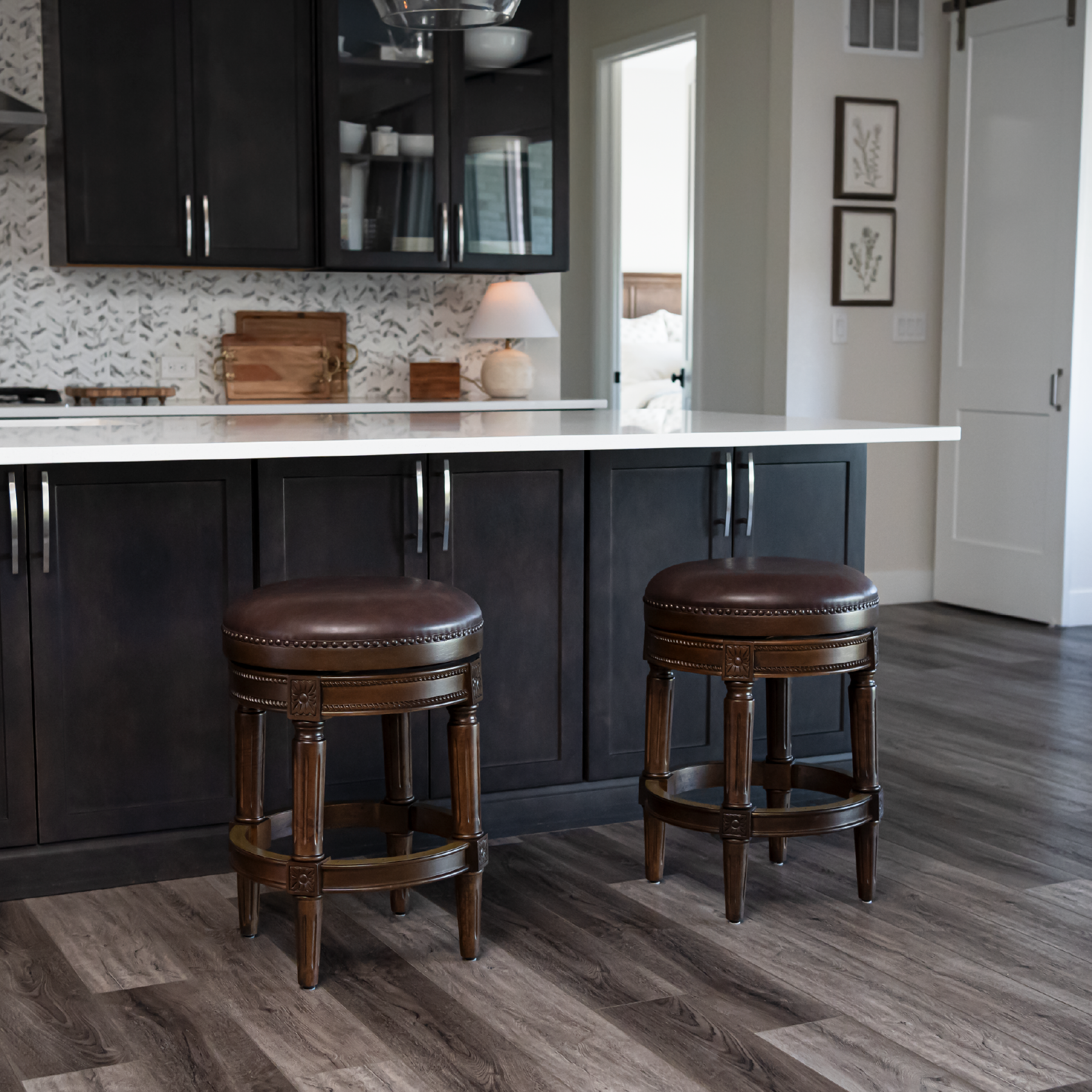 27" Pullman backless swivel counter height kitchen stool - dark walnut finish w/ vintage brown vegan leather in Stools by Maven Lane