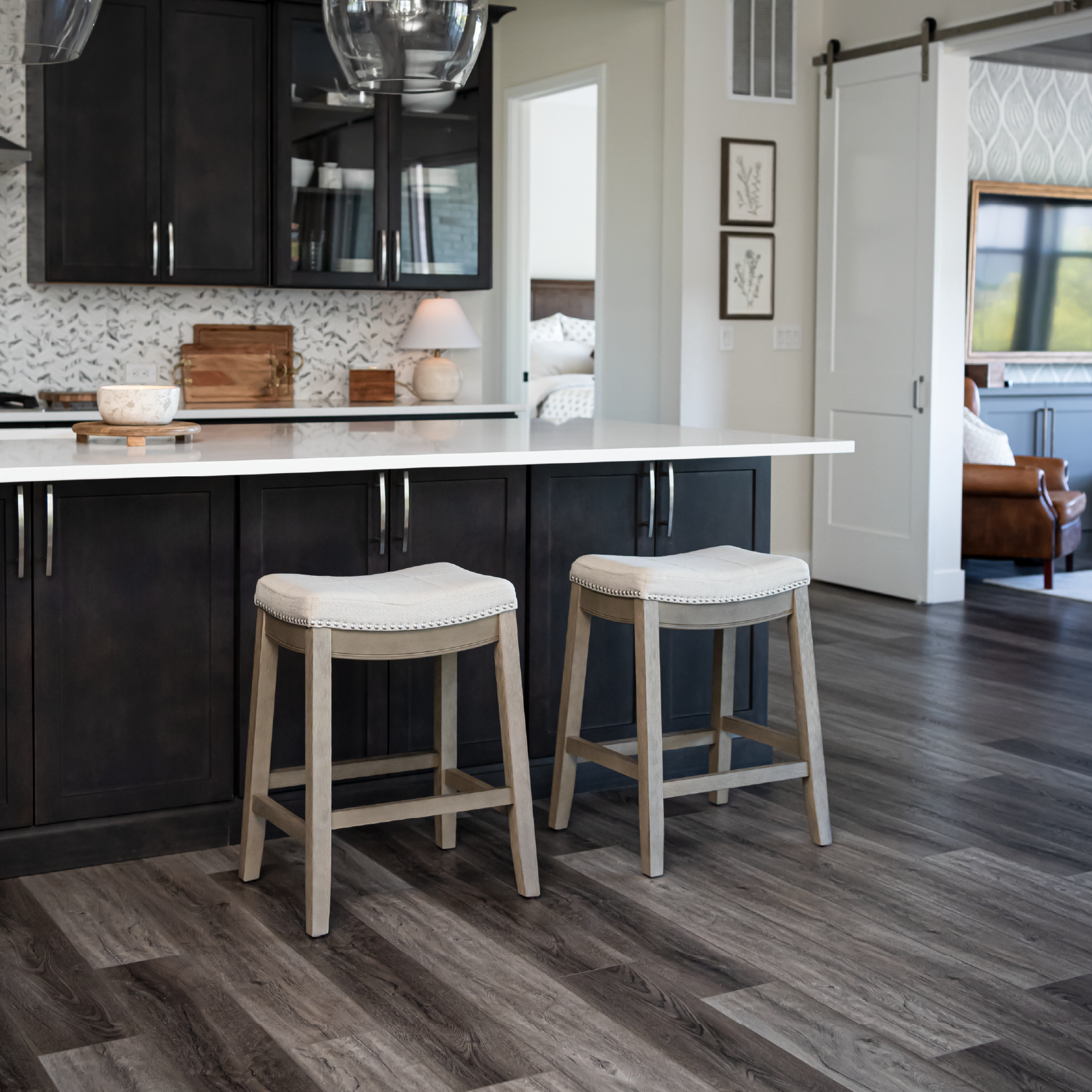 Sophia Saddle Backless Counter Height Kitchen Stool - Aged Grey Finish with Dove Grey Fabric in Stools by Maven Lane